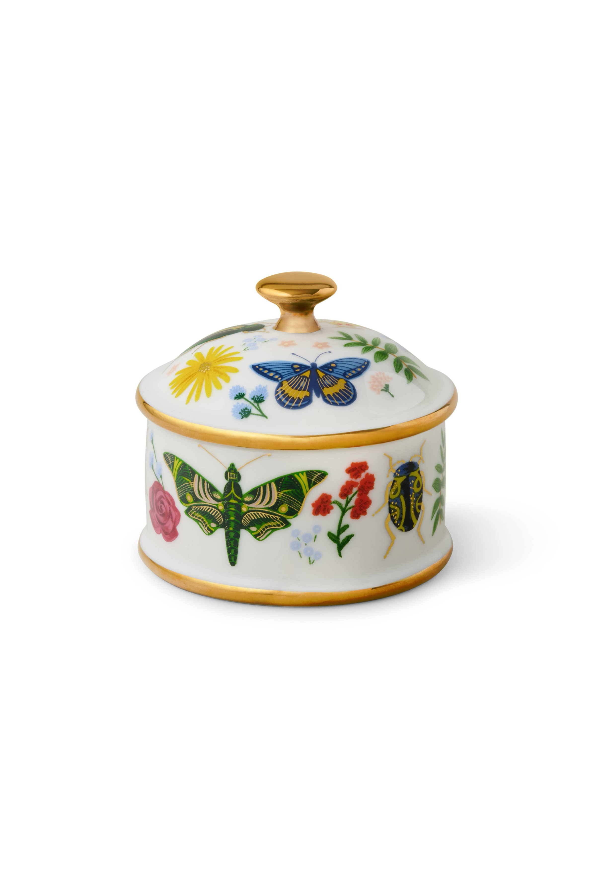 Decorative ceramic container with butterfly and floral designs on a white background