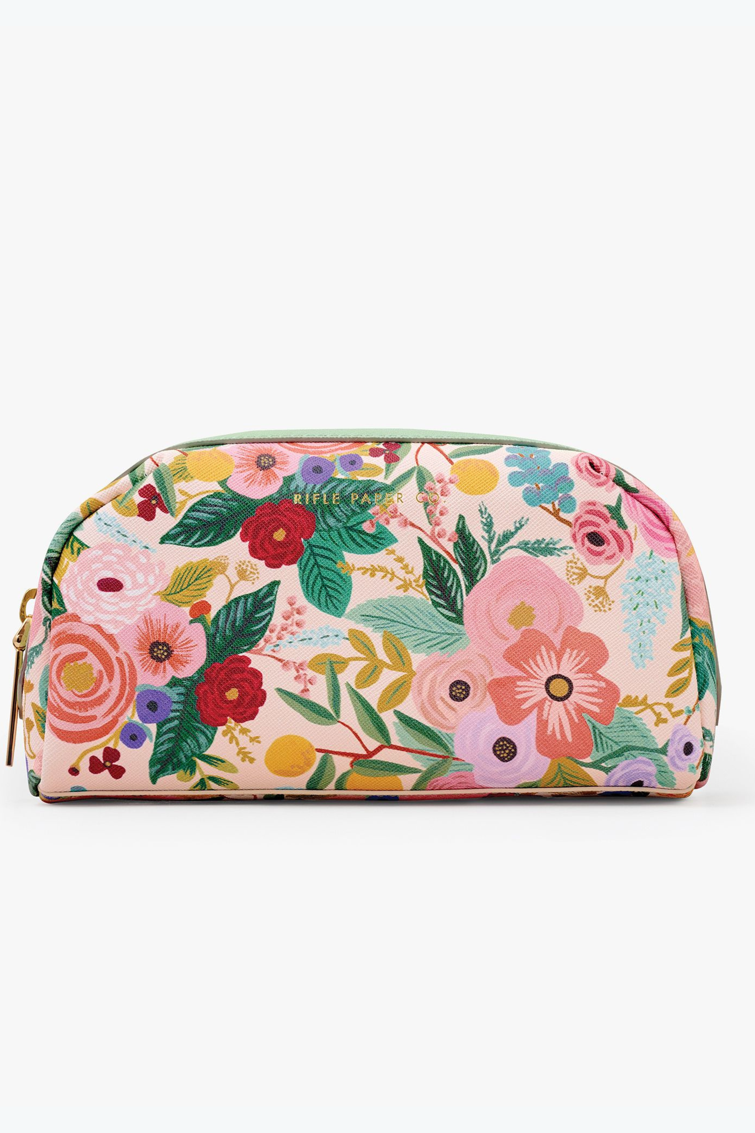 Floral-patterned cosmetic bag on a white background