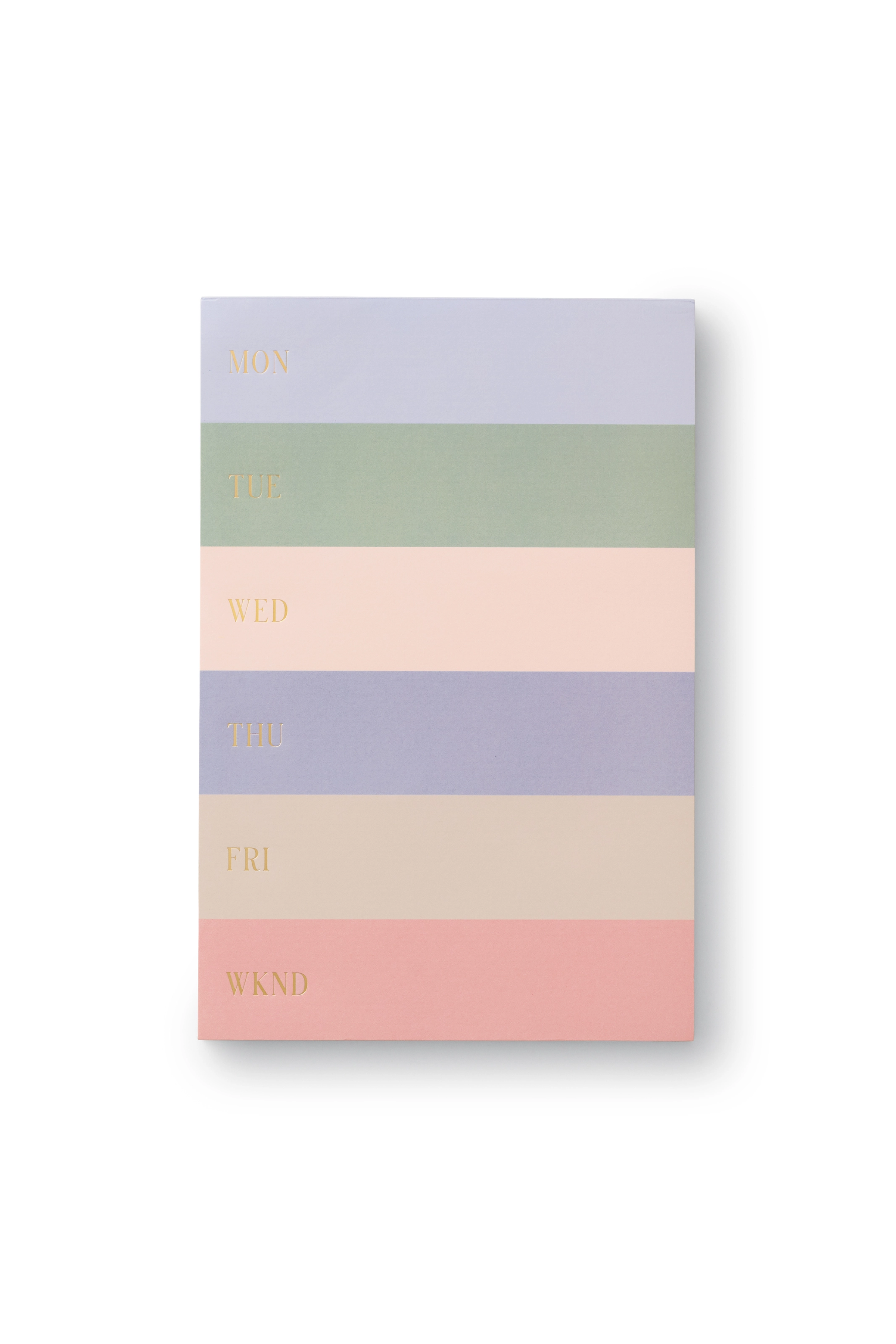 Weekly planner with pastel color blocks and days of the week text in gold.