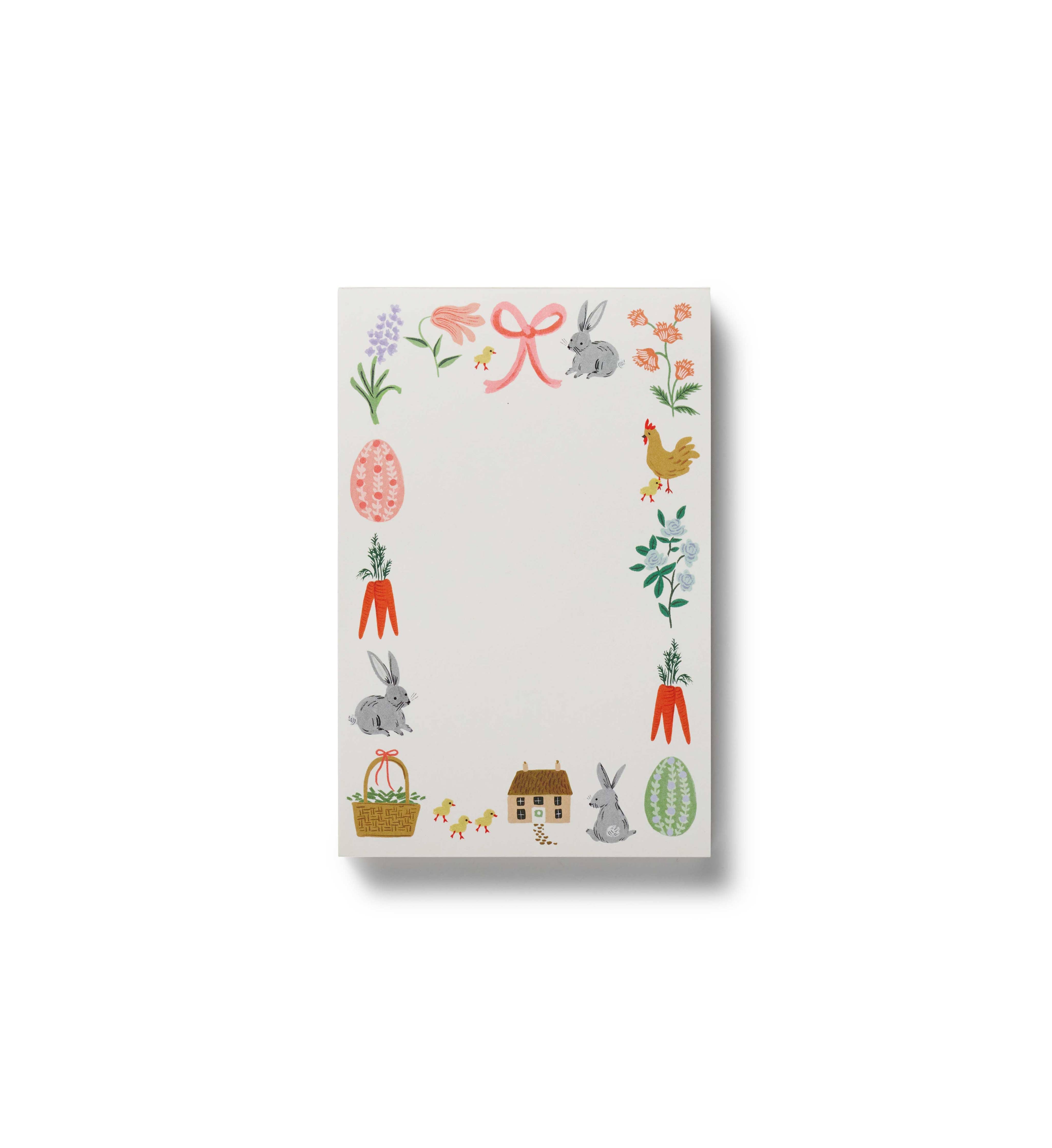 notepad with flowers, farm animals, carrots, eggs, and a cottage.