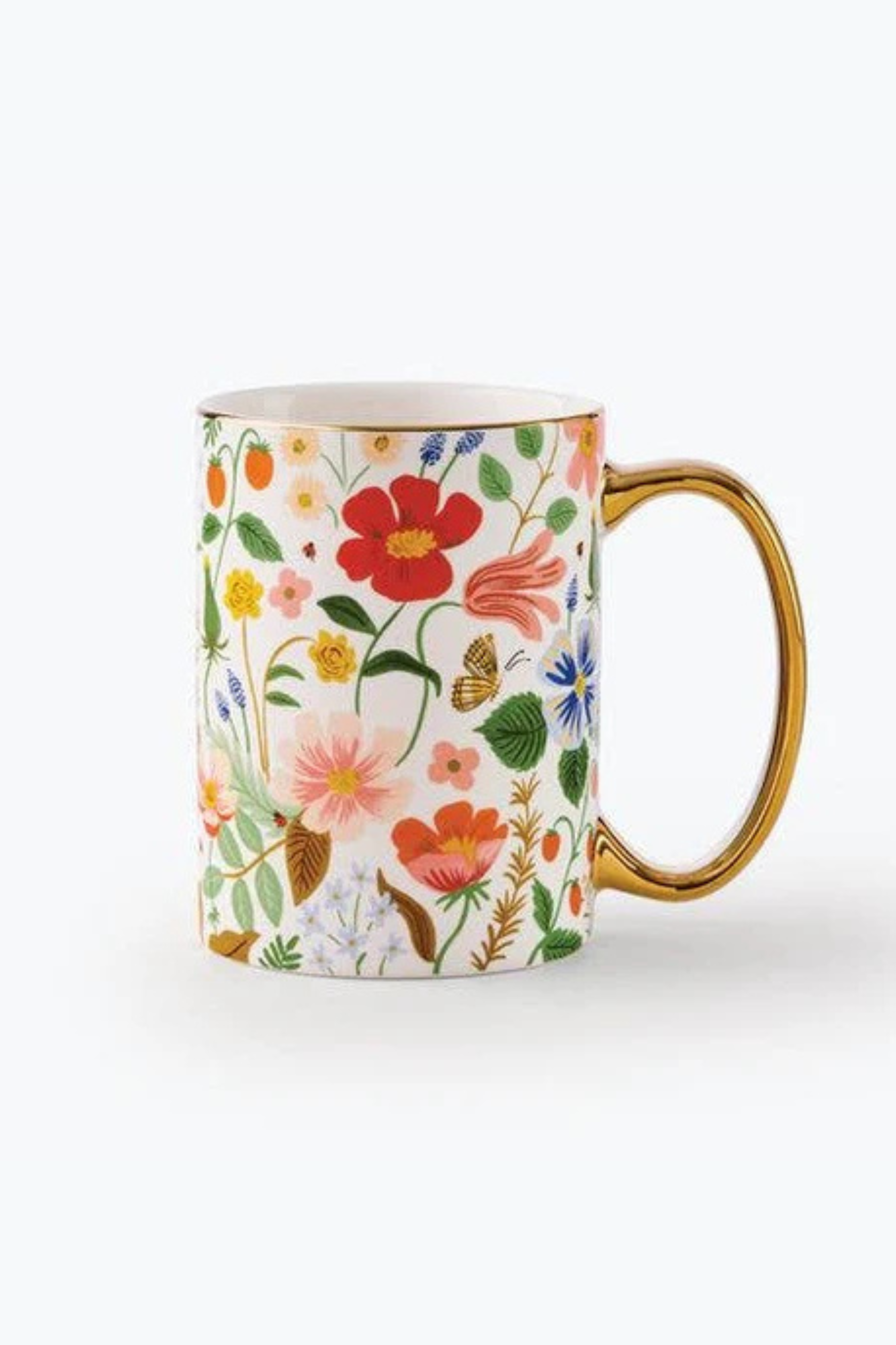 Mug with floral design and gold handle