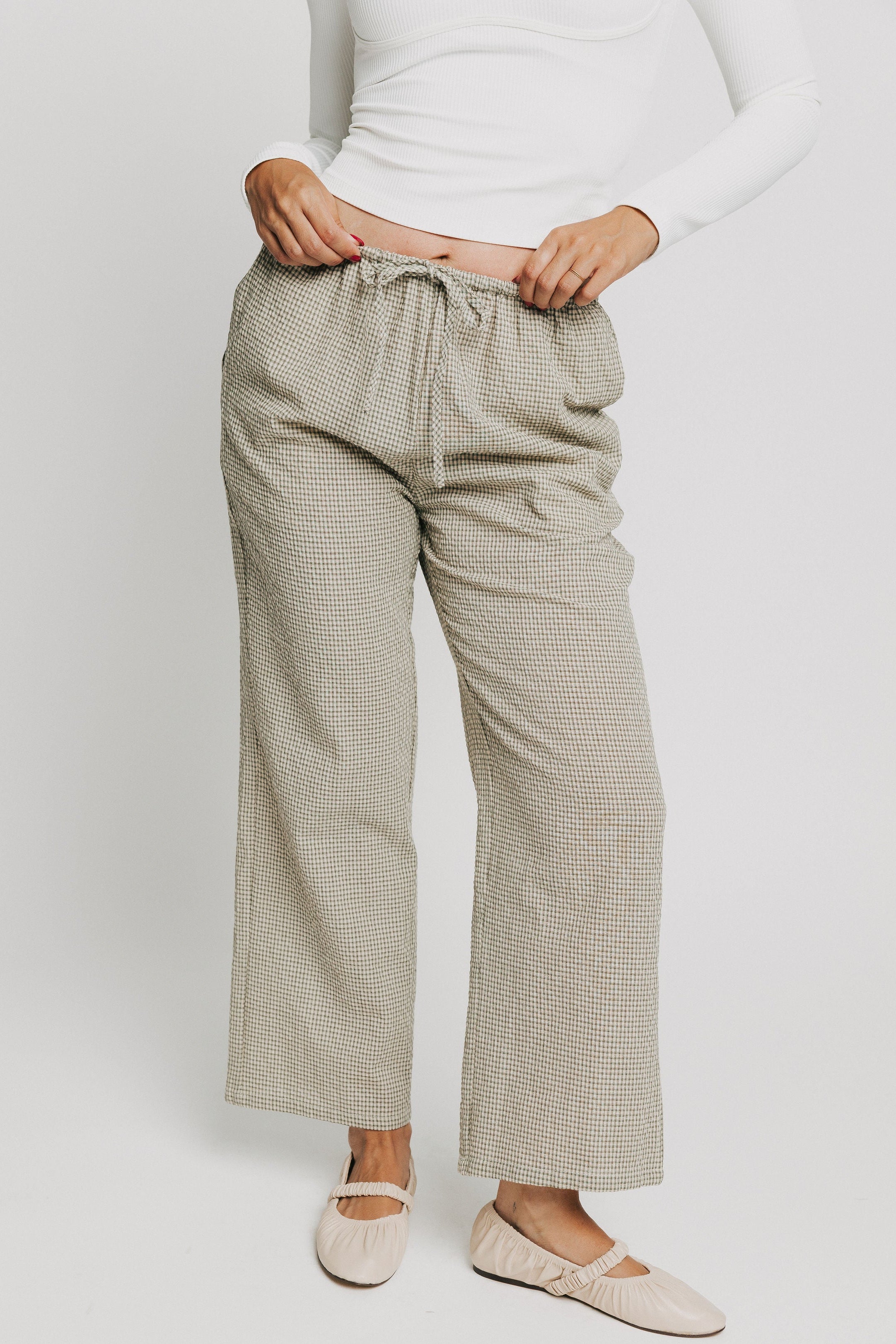 sage gingham textured pants with elastic waistband