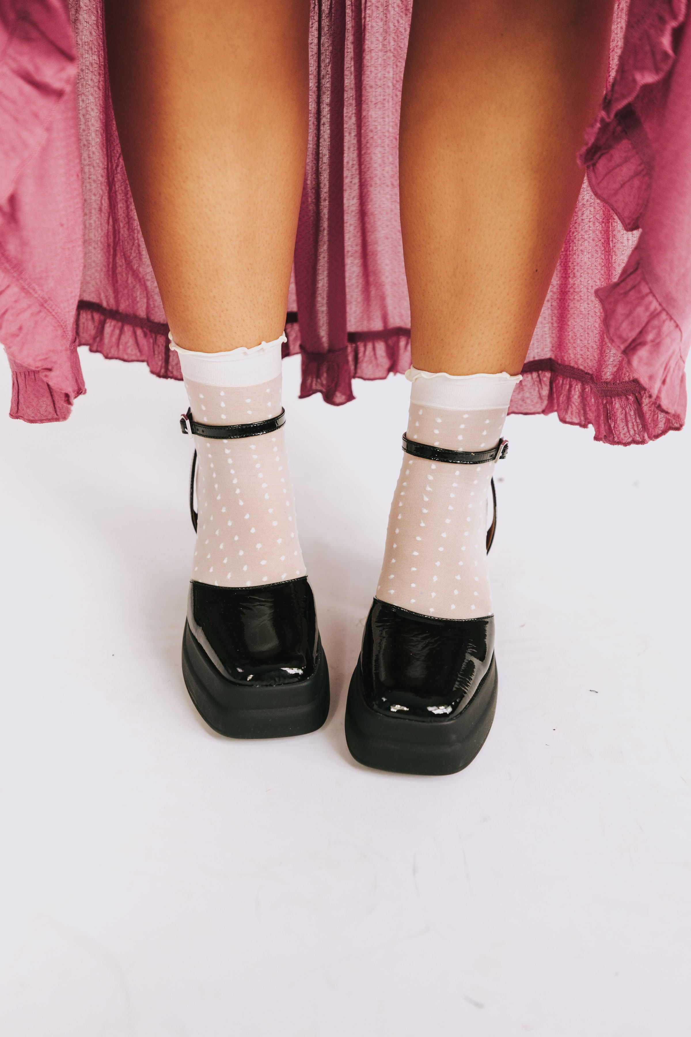 off white polka dot socks see through mesh lettuce edges