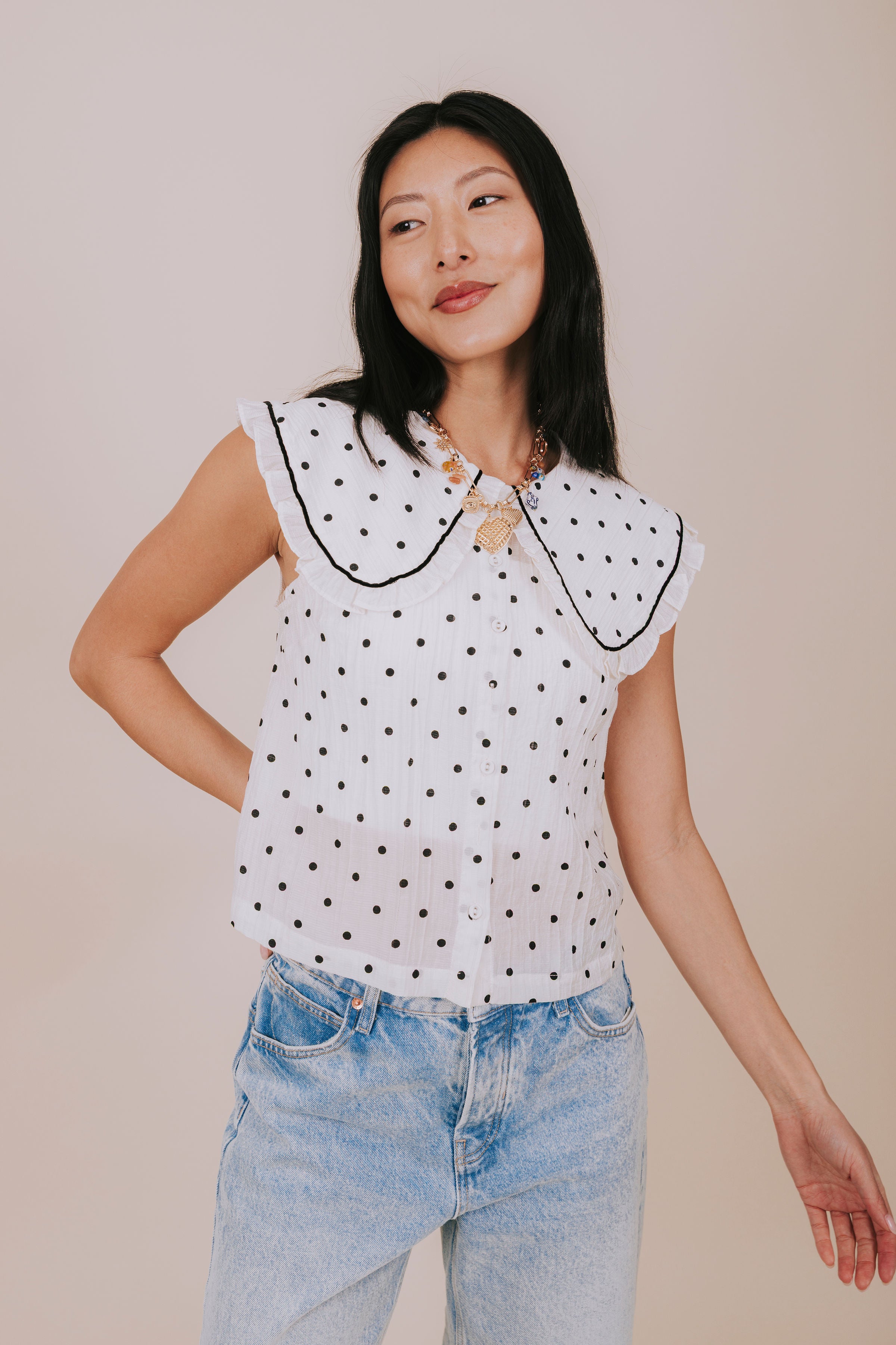 sheer polka dot ruffled collar blouse front