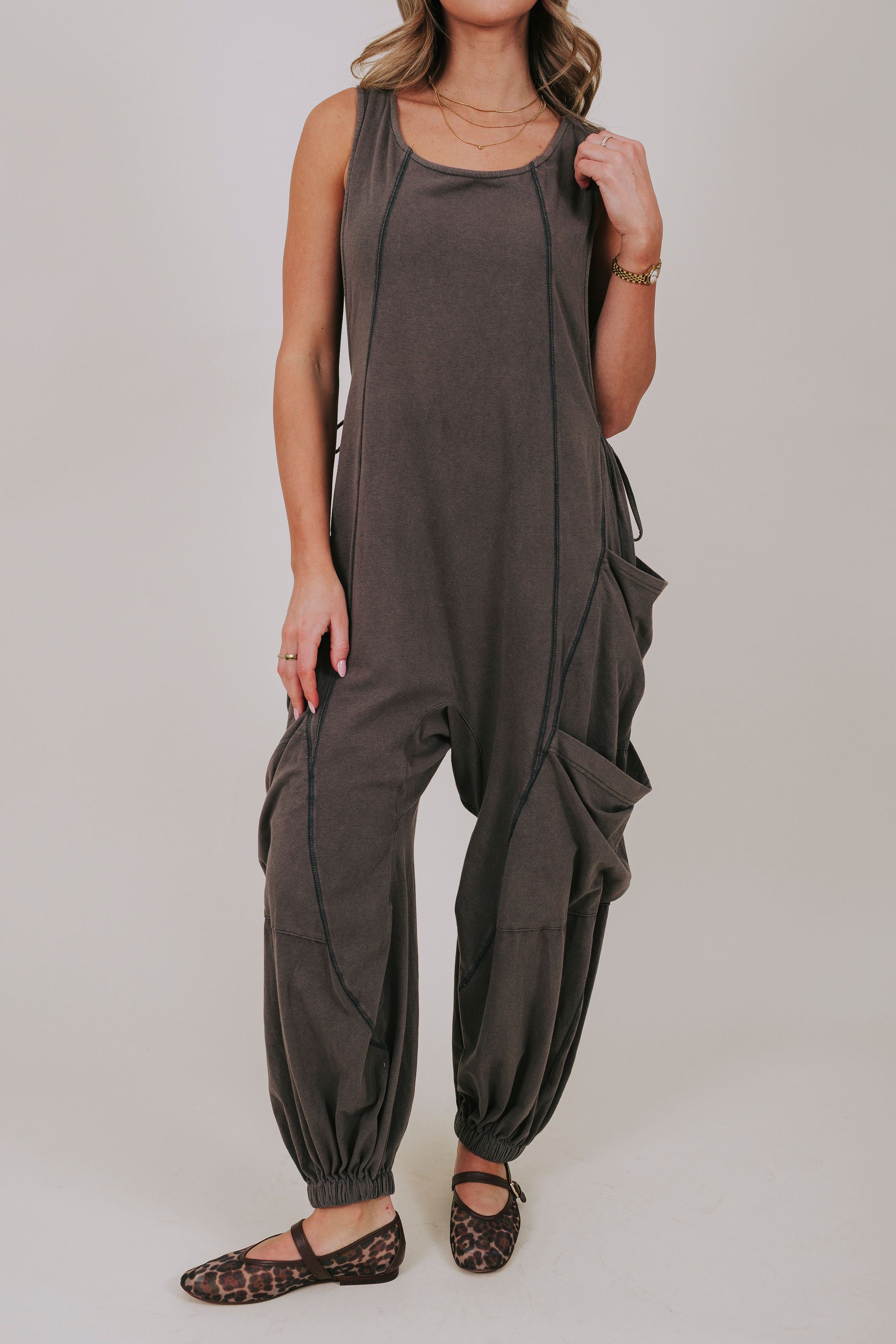 slouchy stretch jumpsuit close up