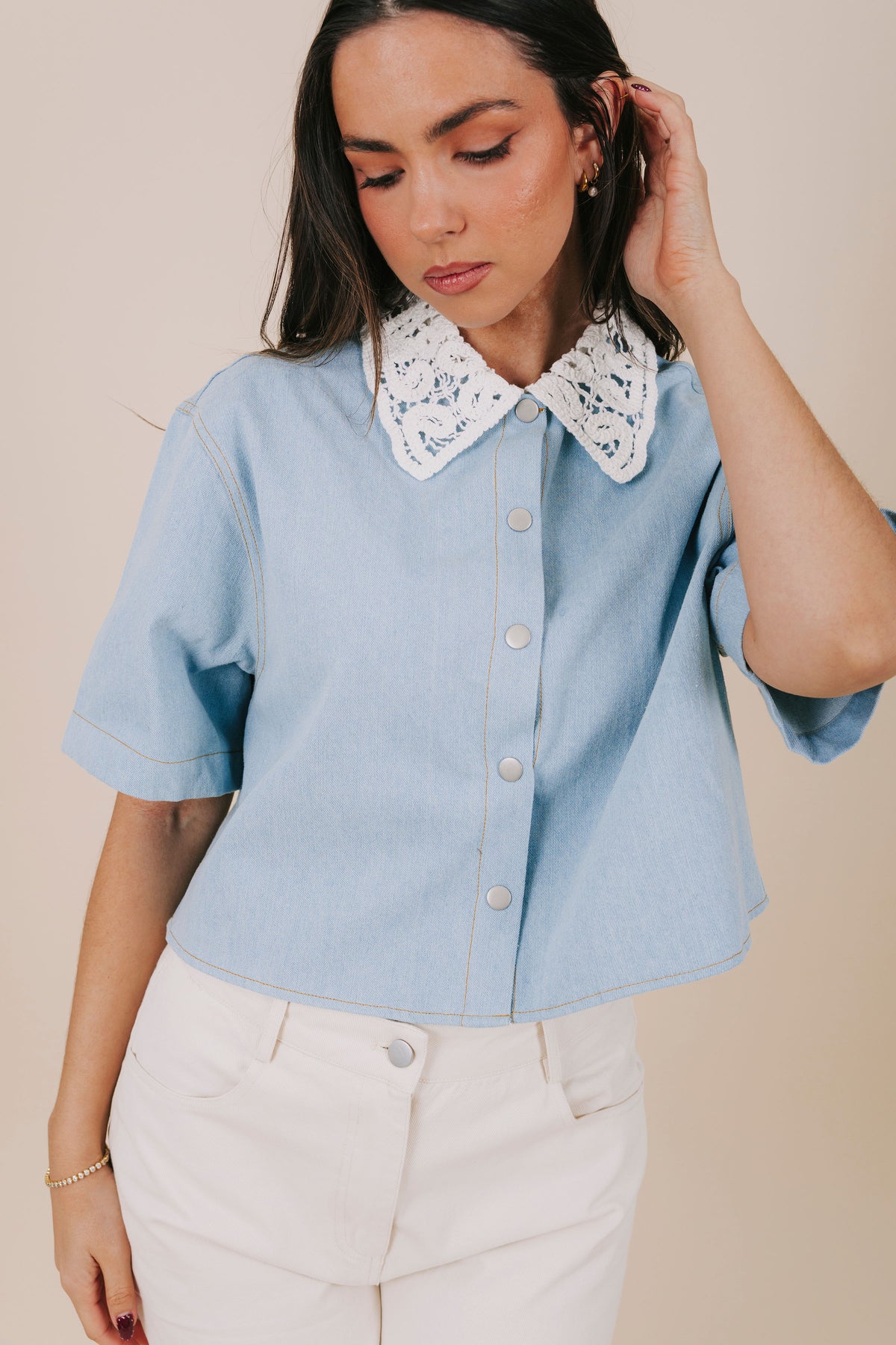 soft denim lace collar button up top details