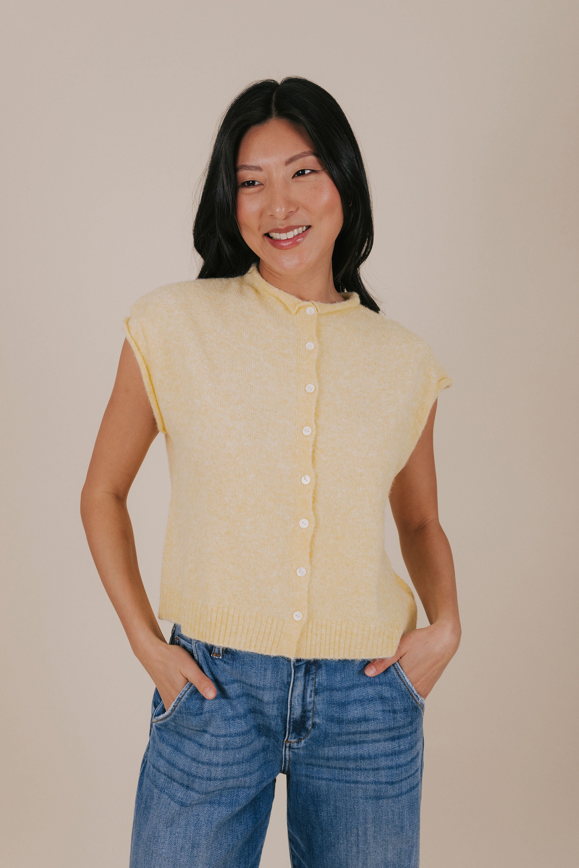 soft knit button down top yellow front