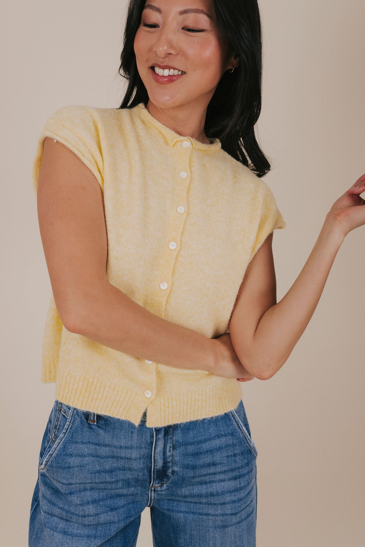 soft knit button down top yellow full