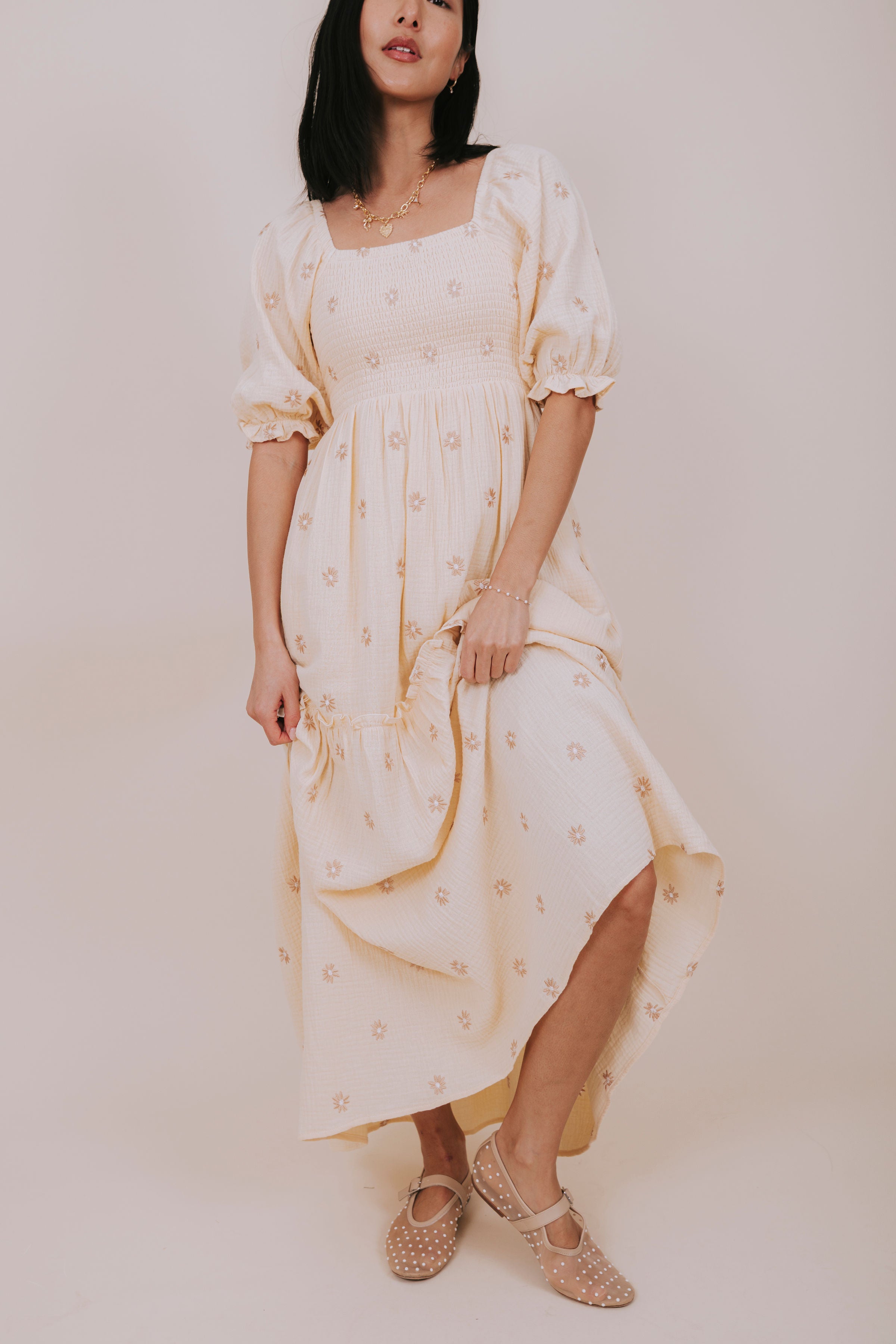 soft yellow embroidered flower smocked maxi dress front