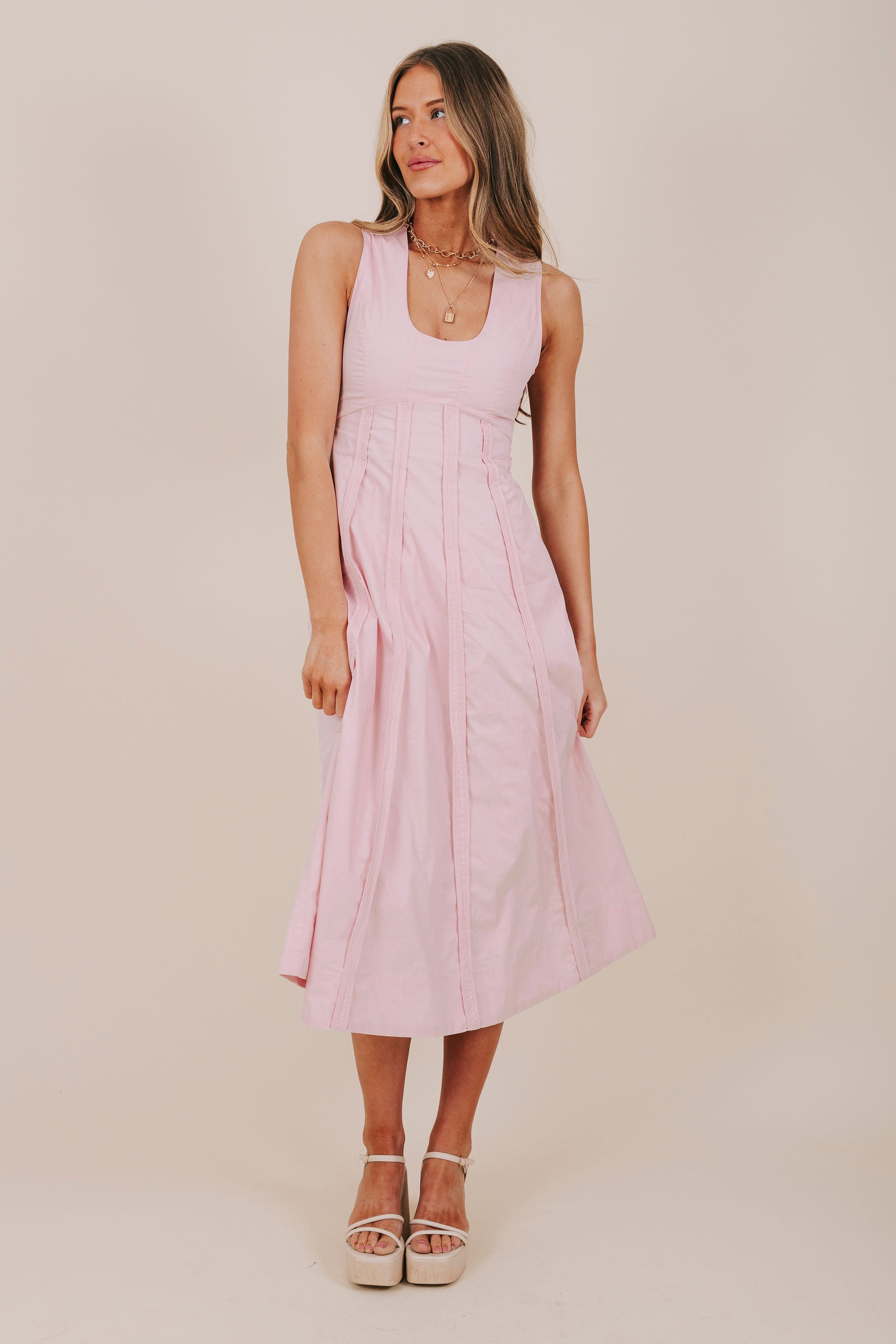 solid pink pin tucked midi dress front