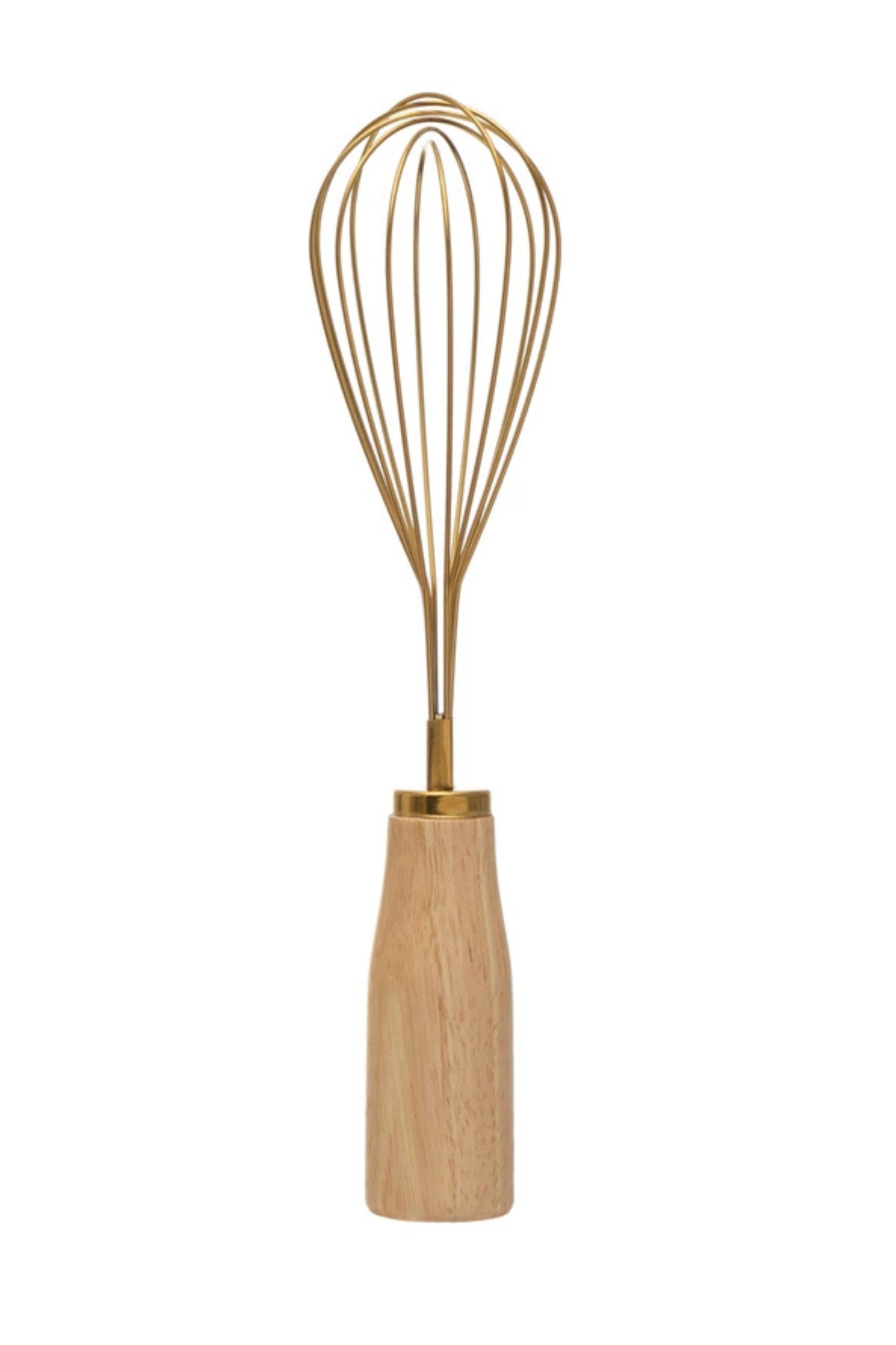 Wooden-handled whisk with gold color.