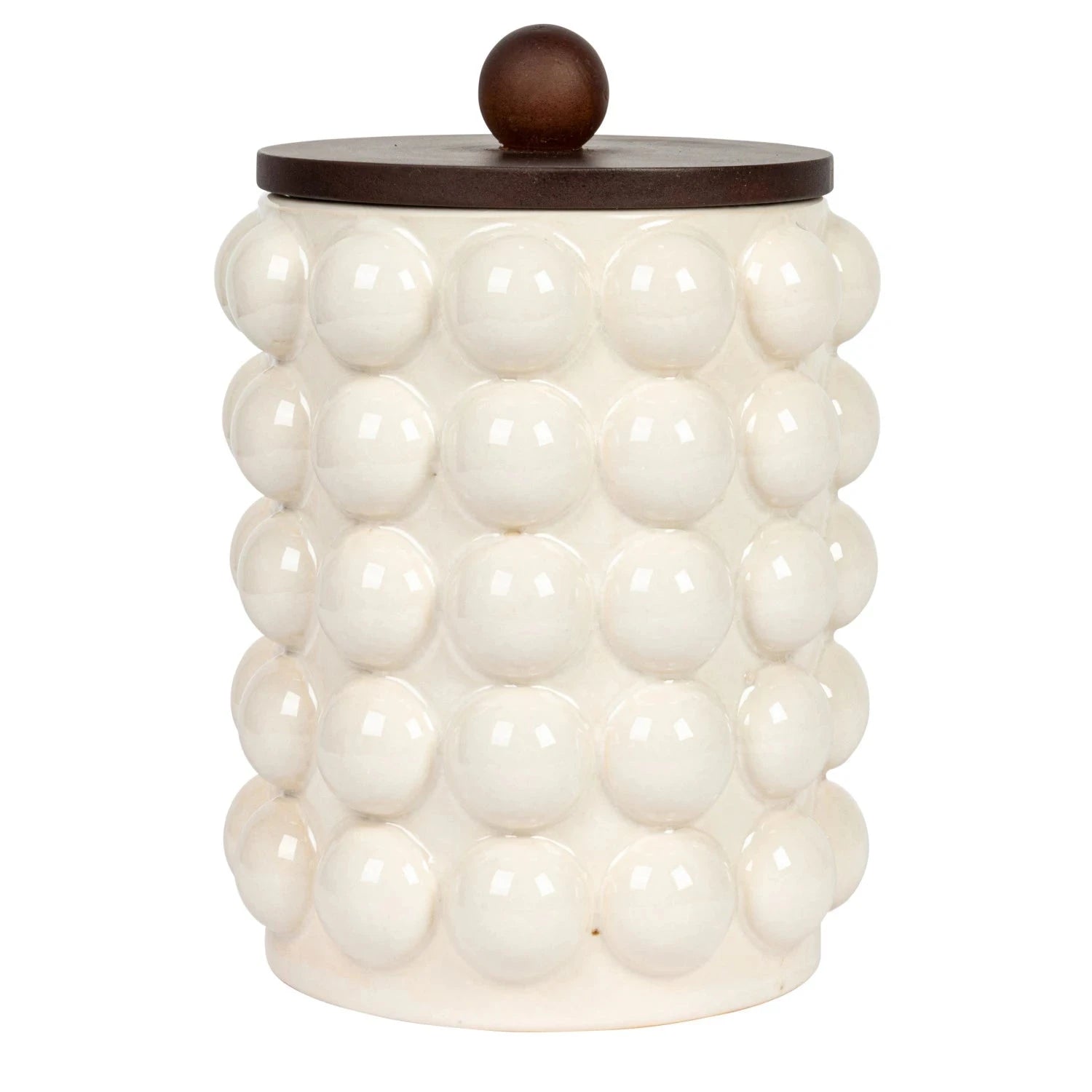 White textured jar with a wooden lid on a white background