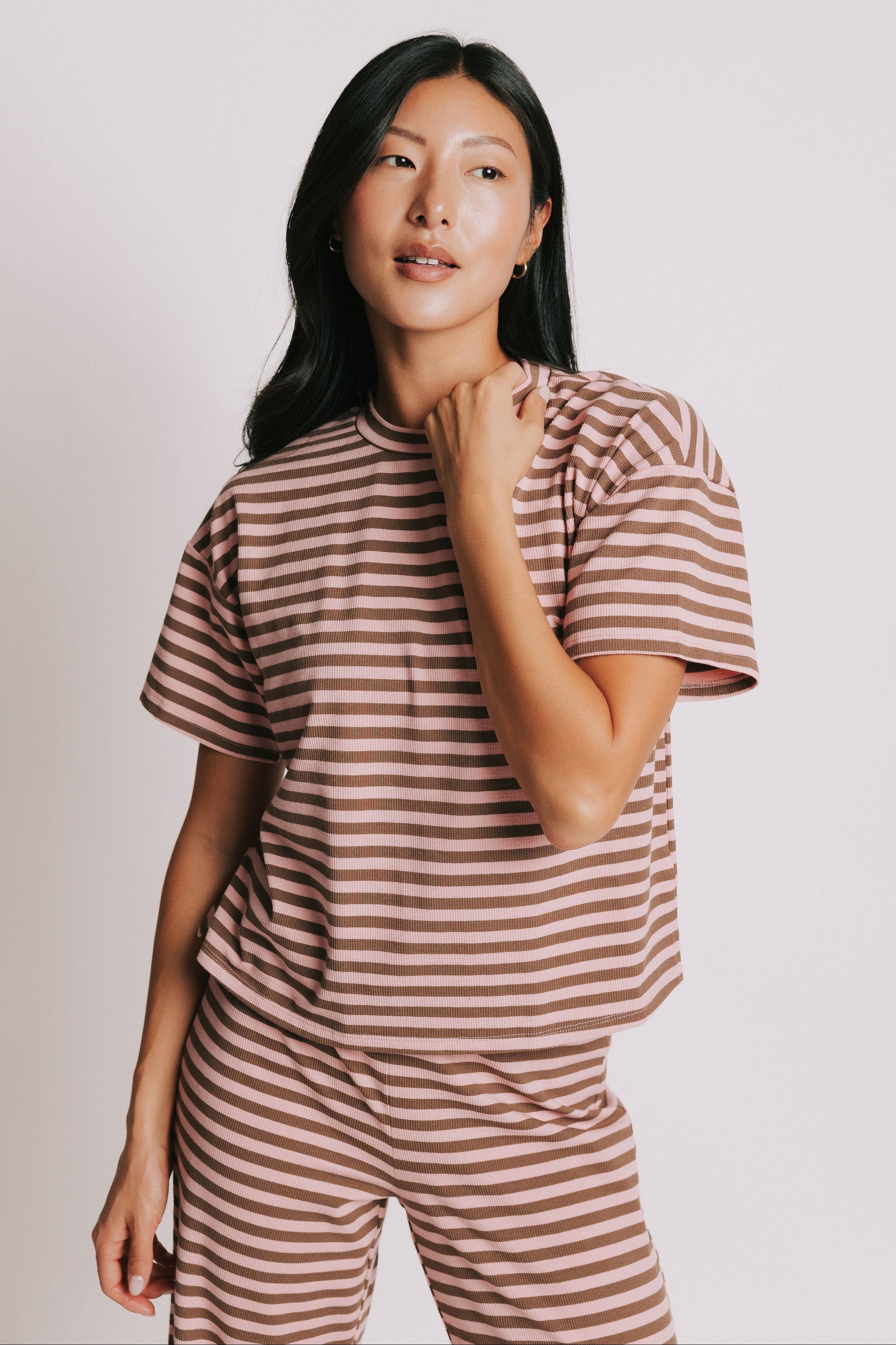 striped boxy short sleeve top pink