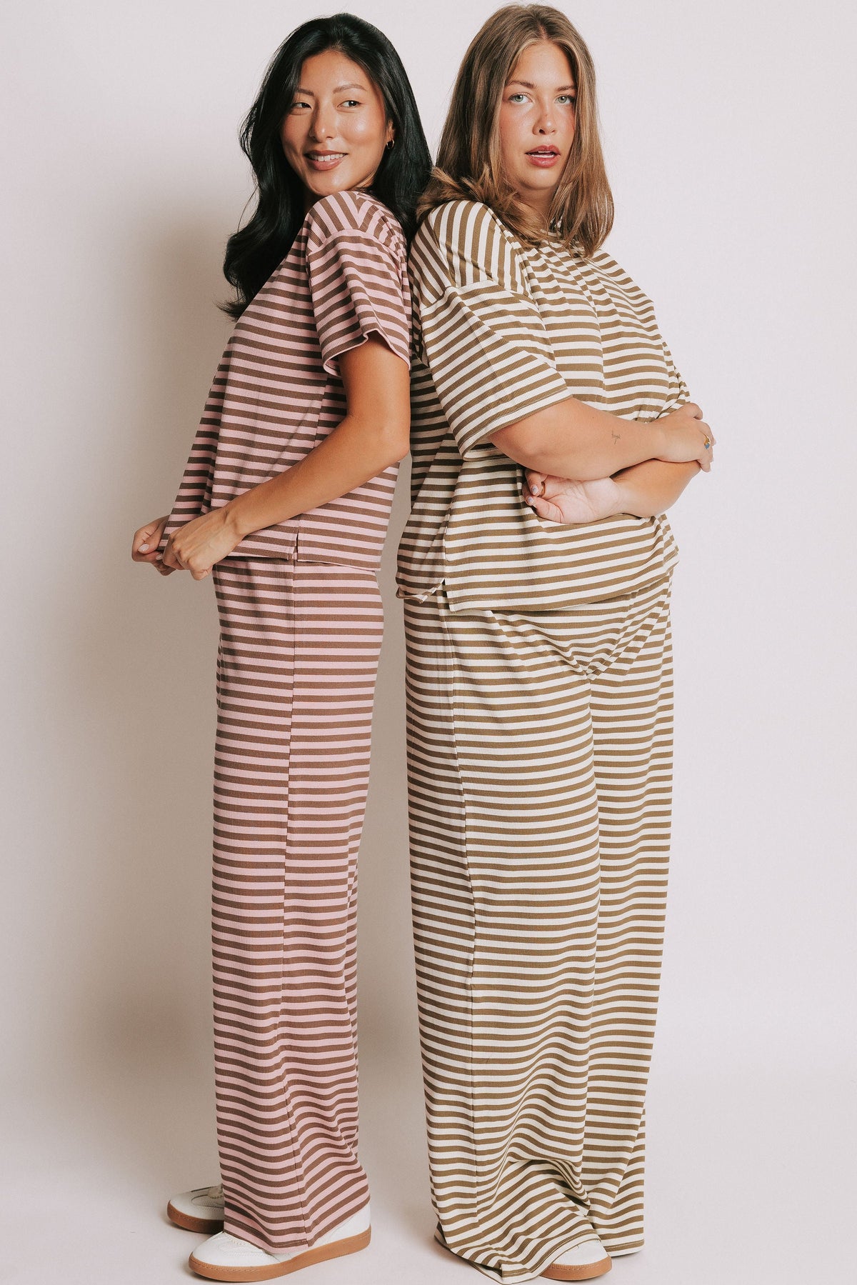 striped elastic waist lounge pants pink and ivory models