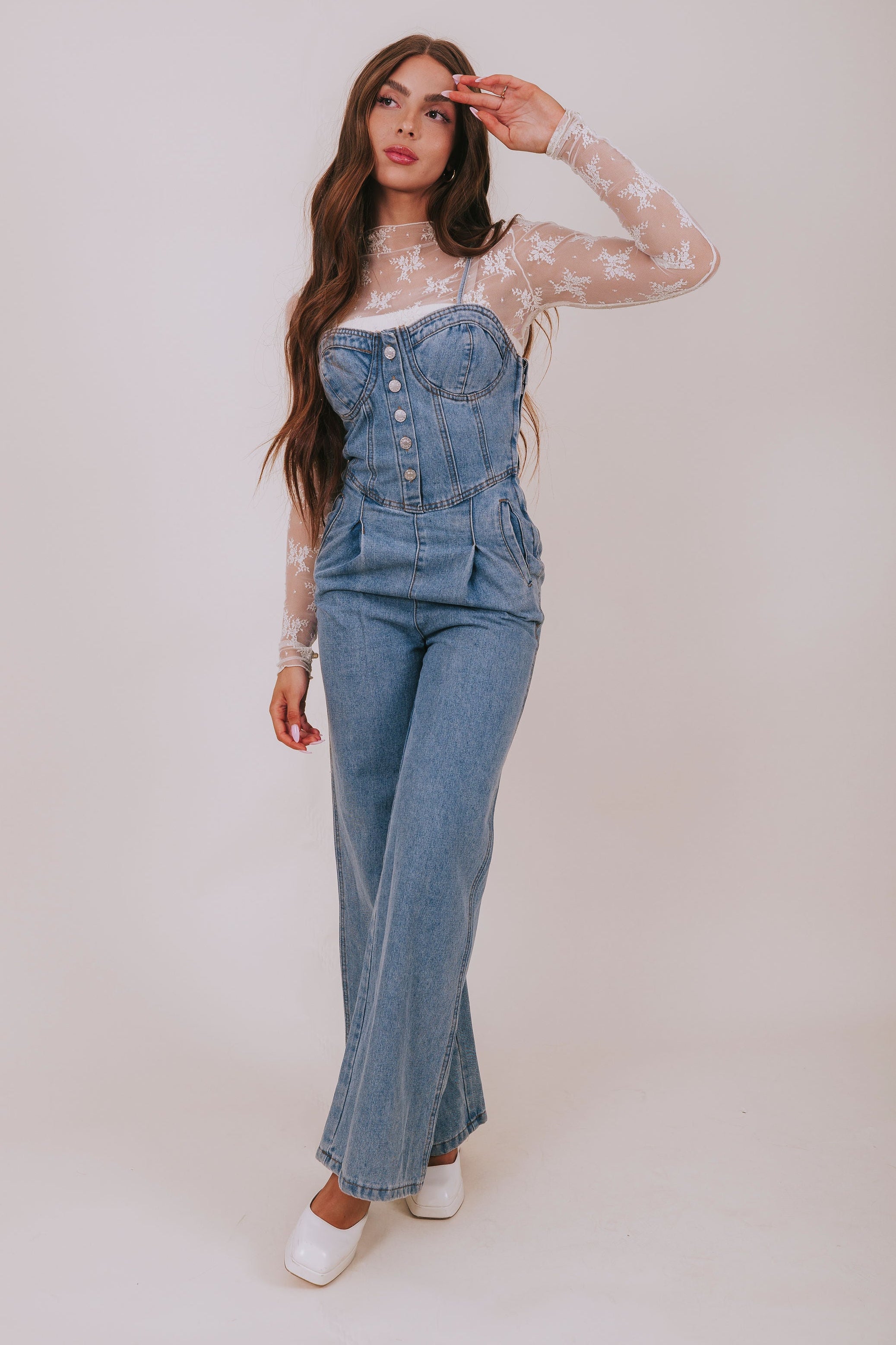 sweetheart neckline denim jumpsuit full