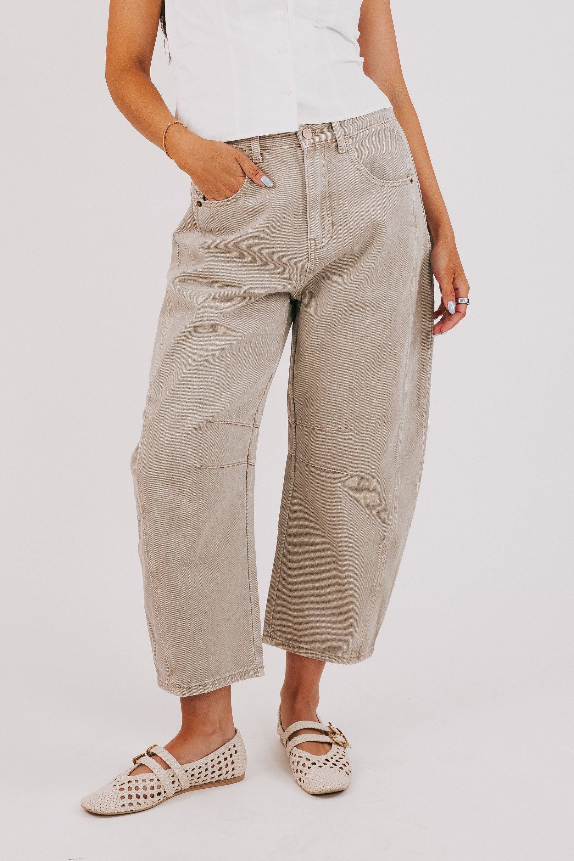 tan barrel jeans