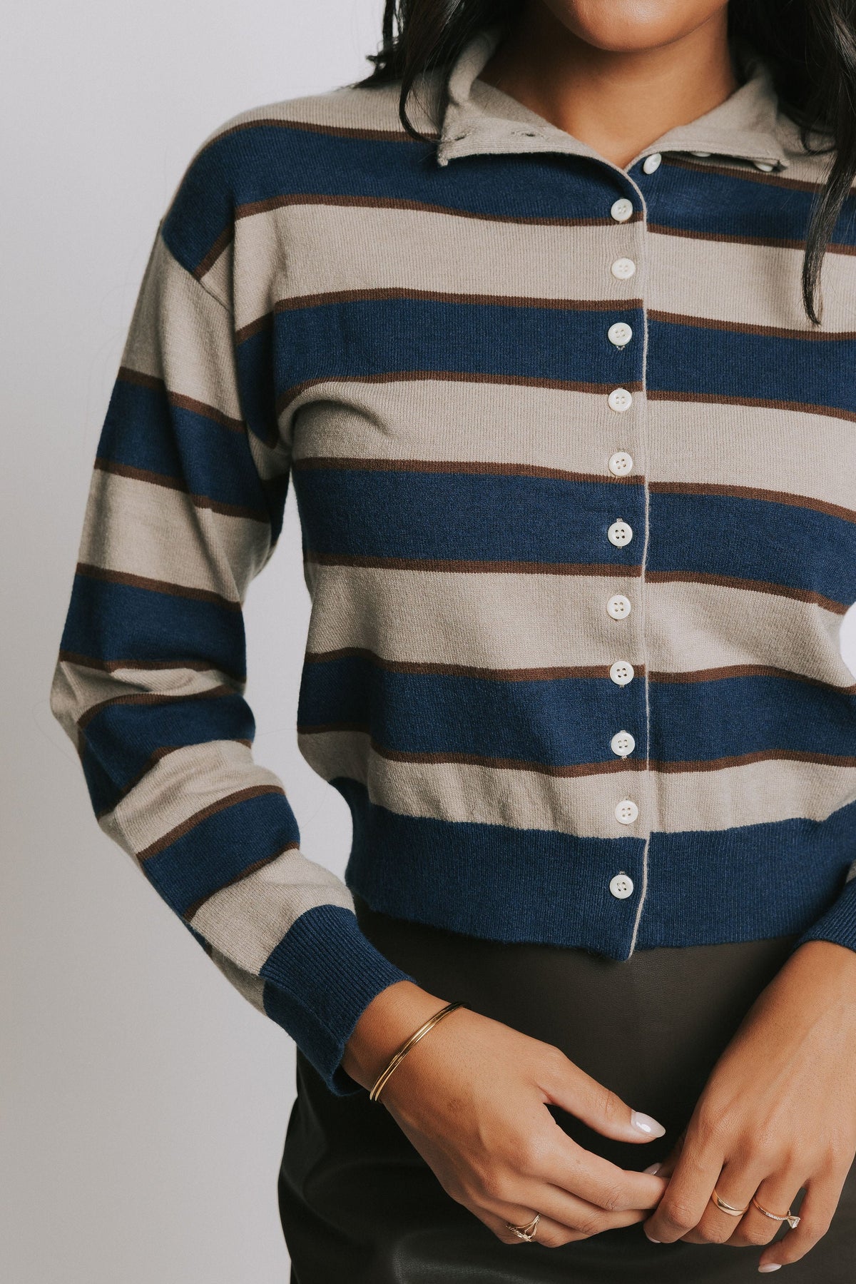taupe and navy striped cardigan with collar