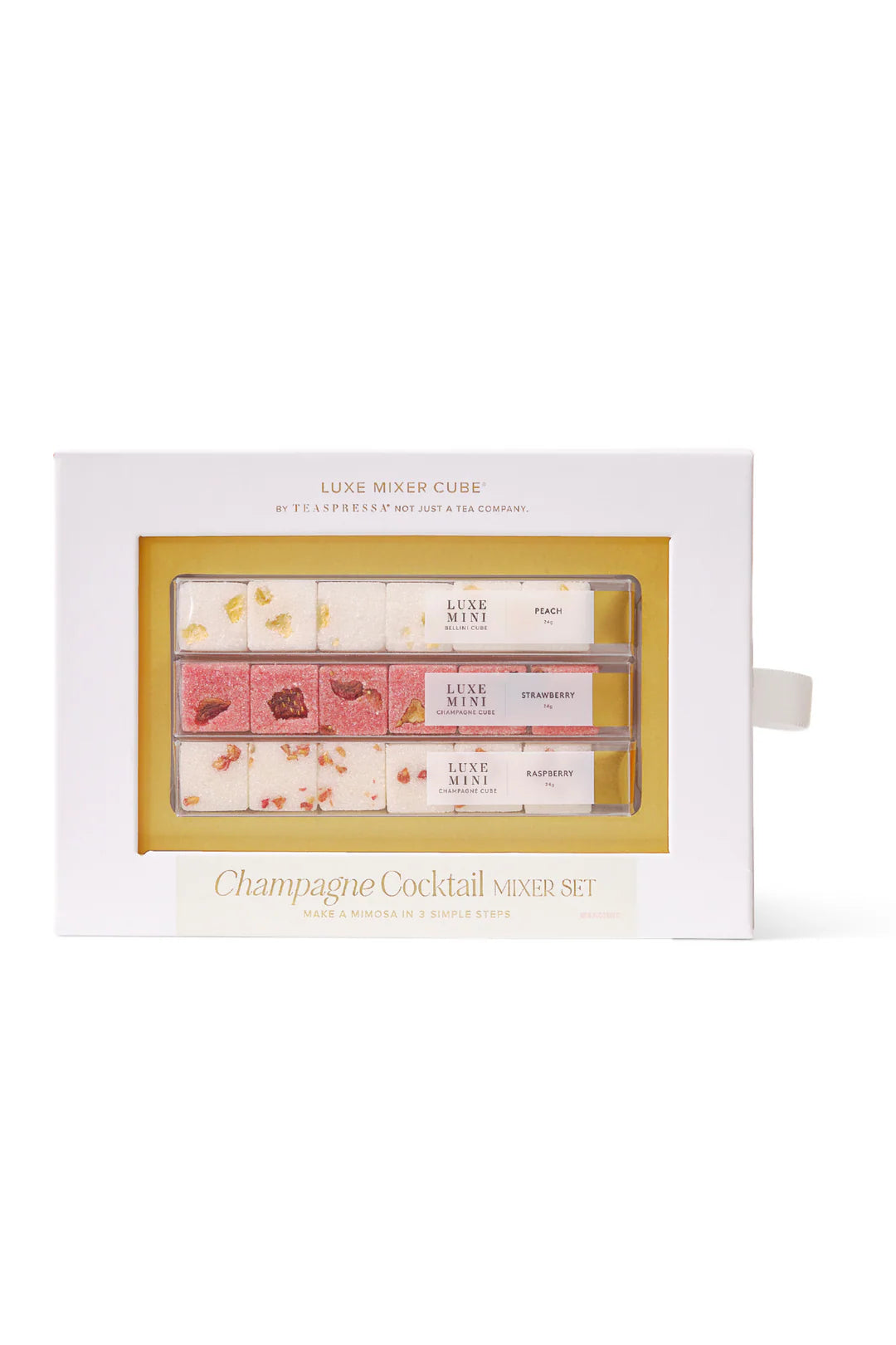 Flavored luxe sugar cubes to make champagne cocktails in flavors peach, strawberry, and raspberry.