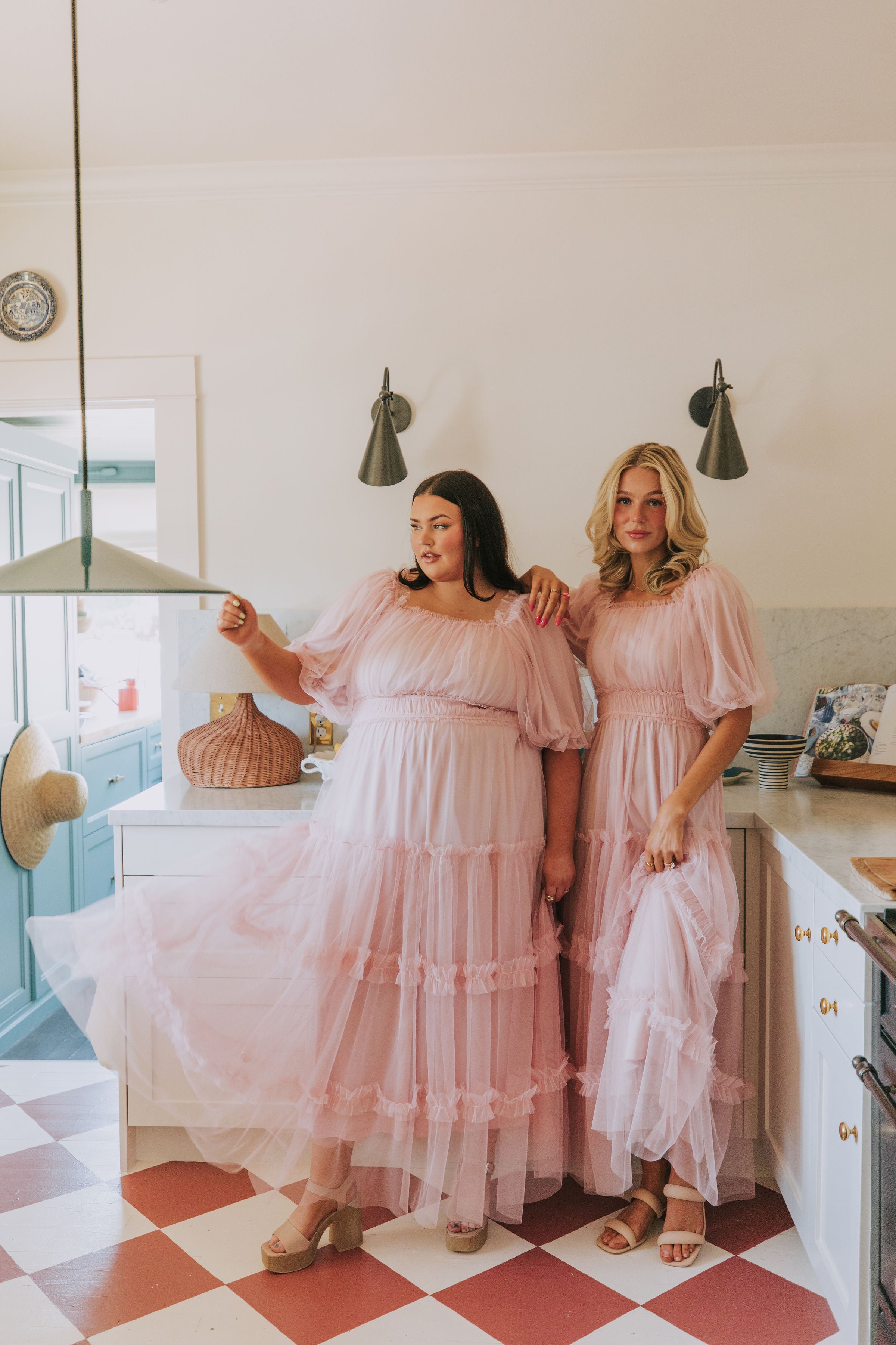 tiered tulle maxi dress with puff sleeves blush lifestyle models