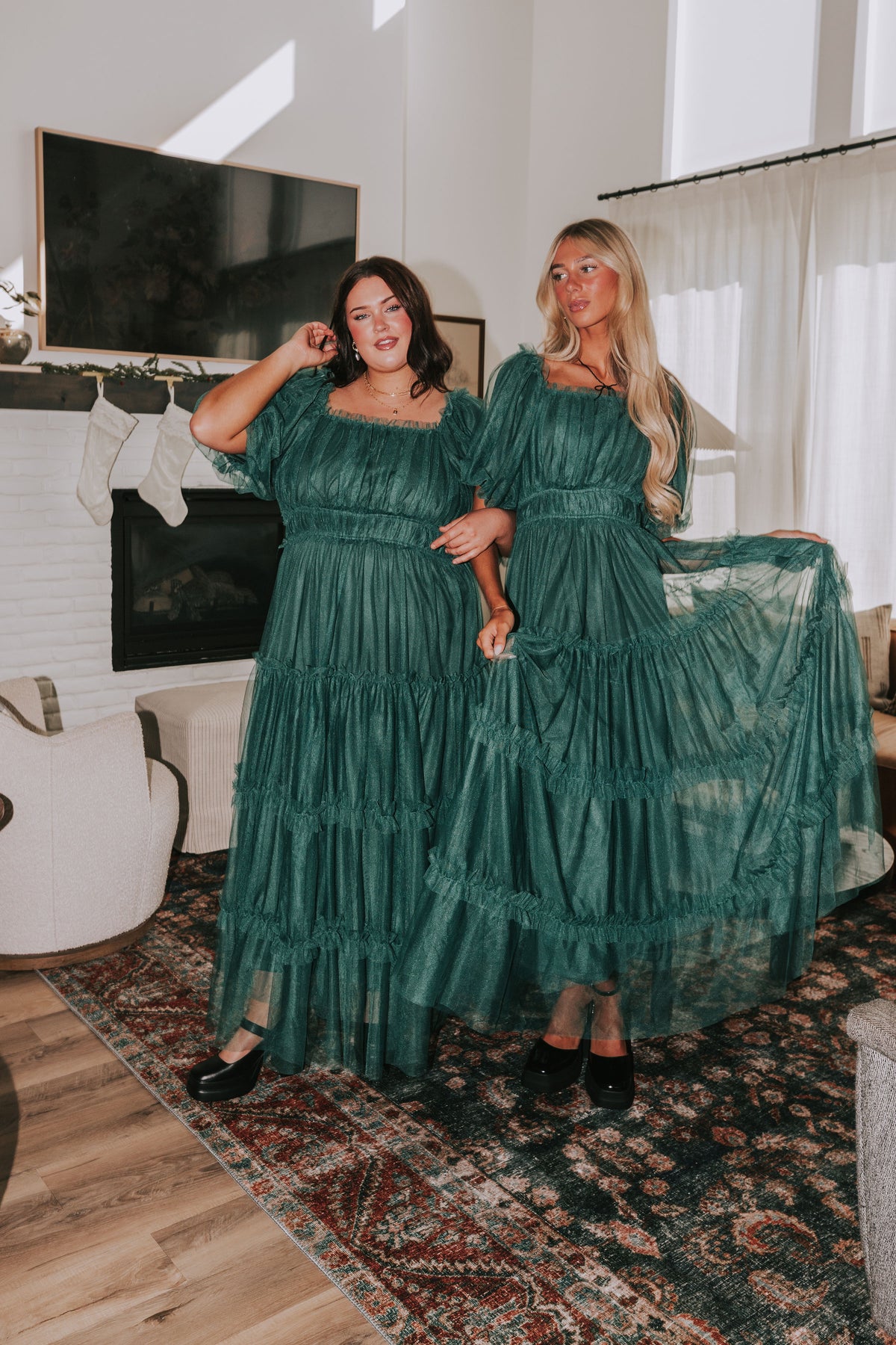 tiered tulle maxi dress with puff sleeves hunter green lifestyle