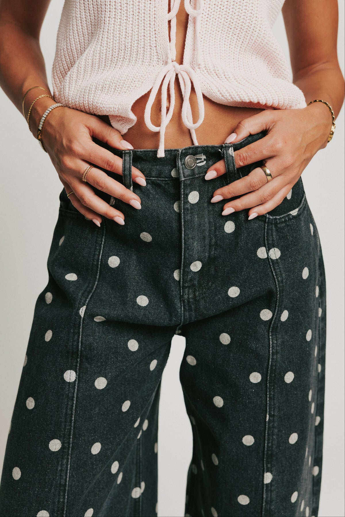 washed black polka dot barrel jeans waist