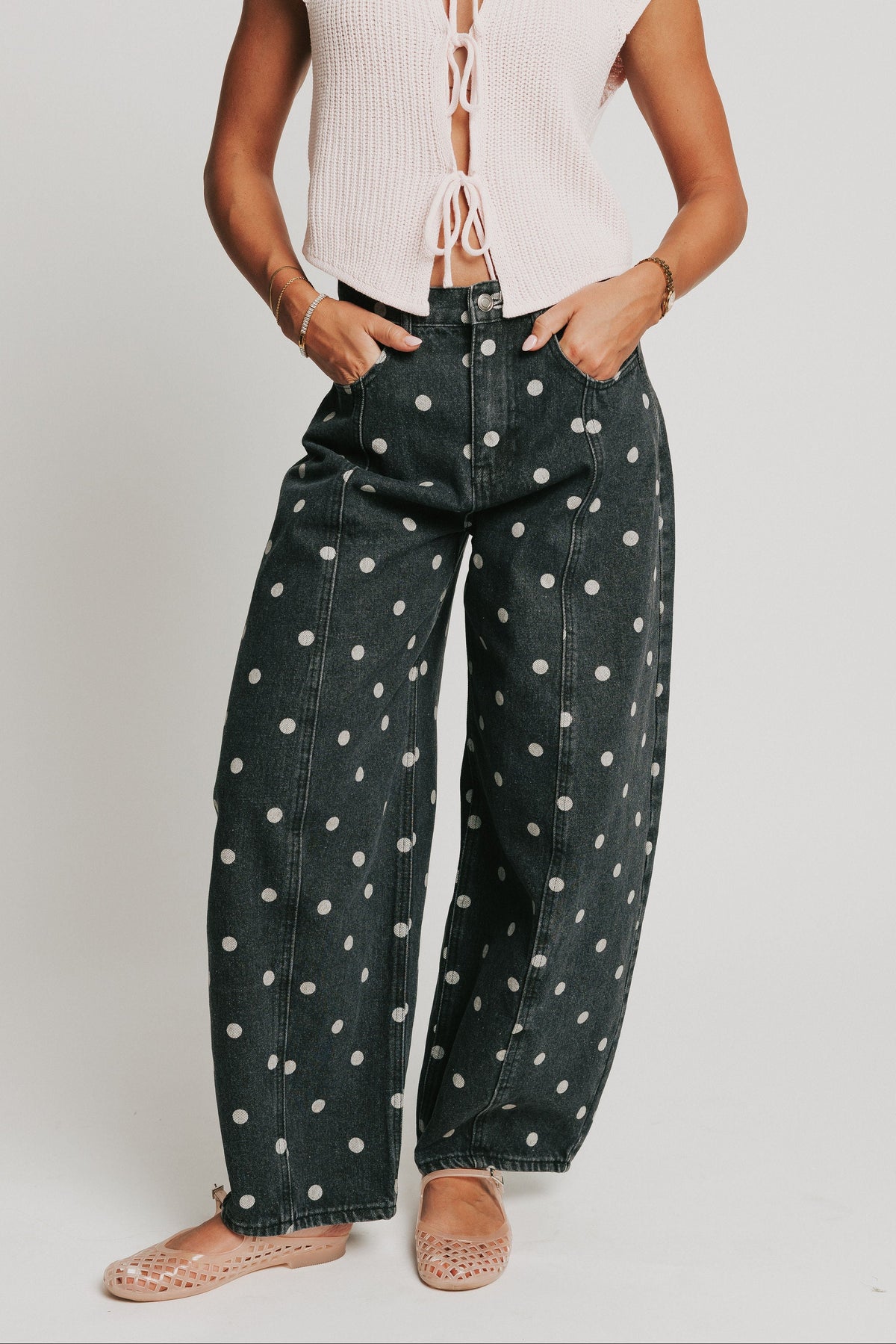 washed black polka dot barrel jeans