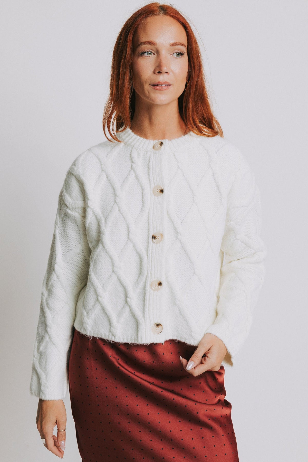 white cable knit cardigan