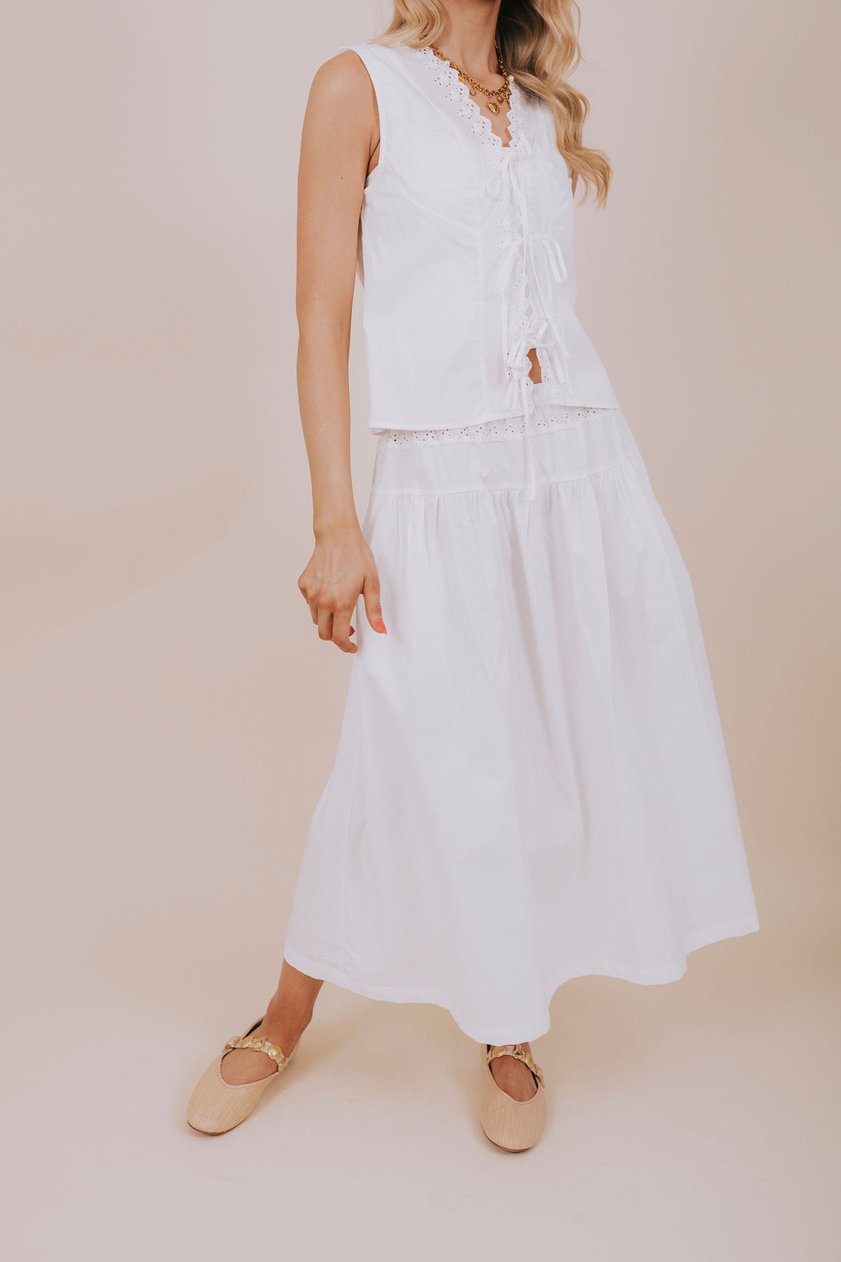 white eyelet top and skirt set front