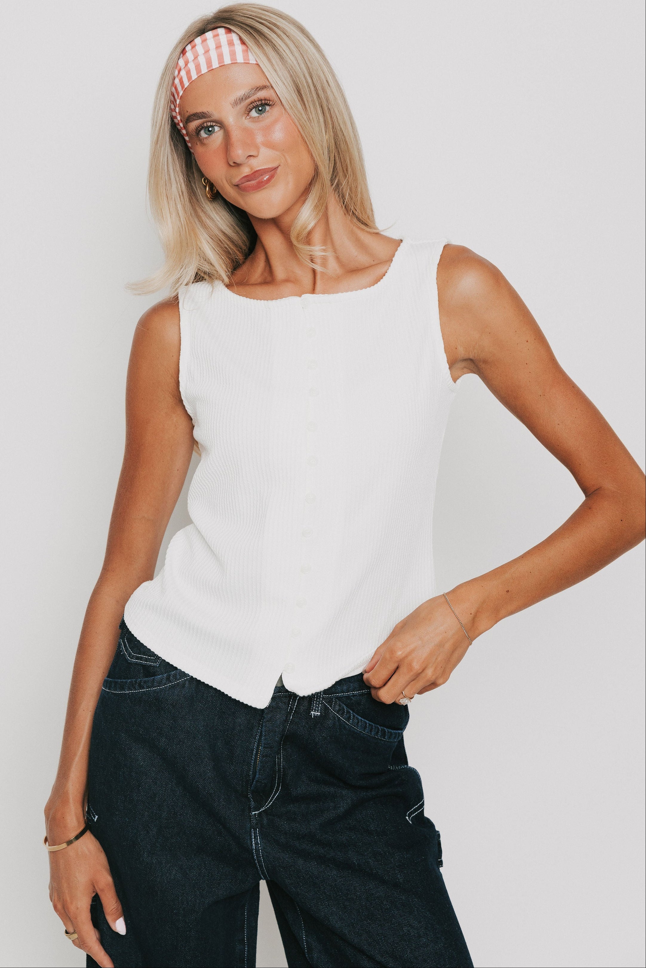 white ribbed tank with buttons down the front