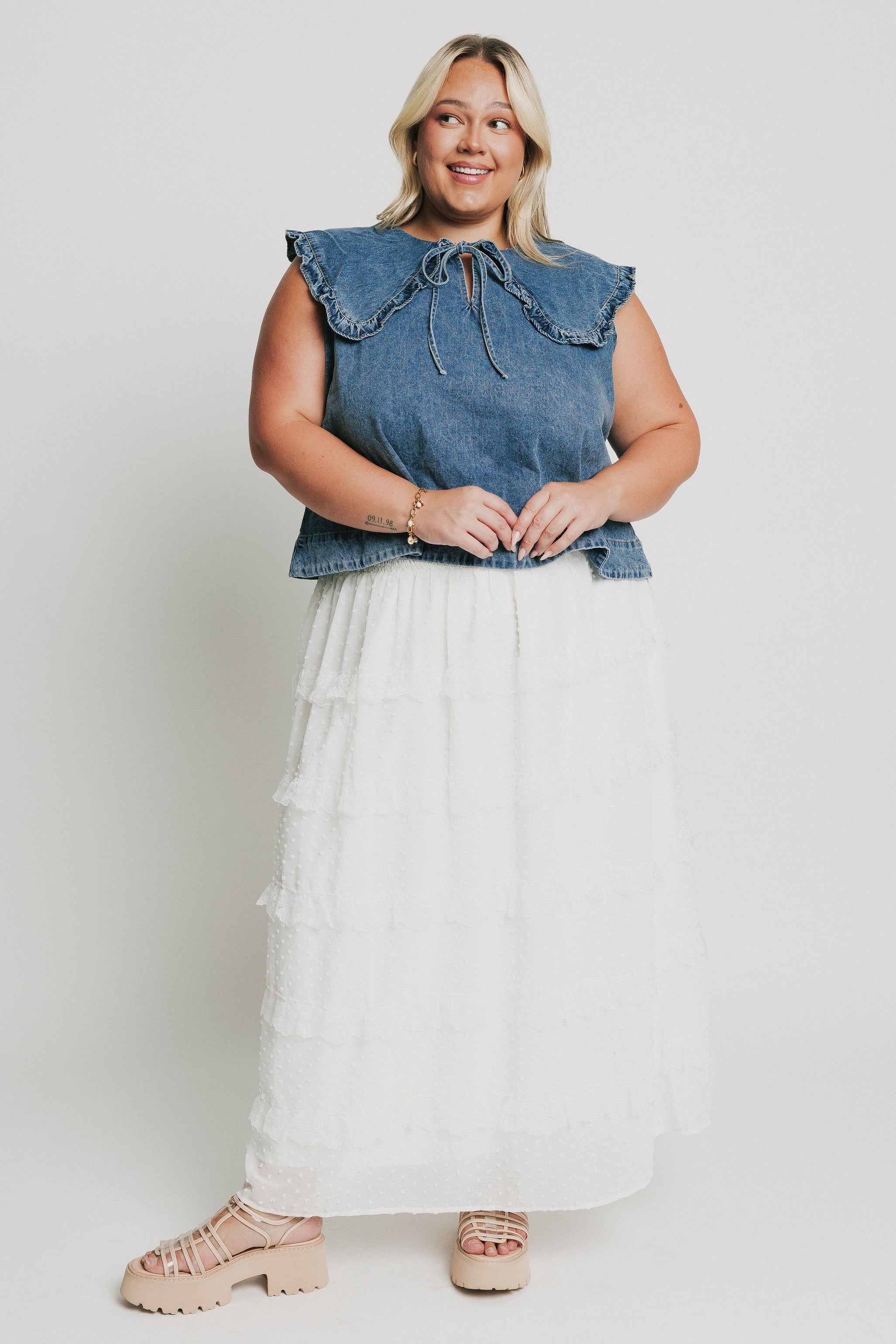 white skirt with chiffon polka dot overlay