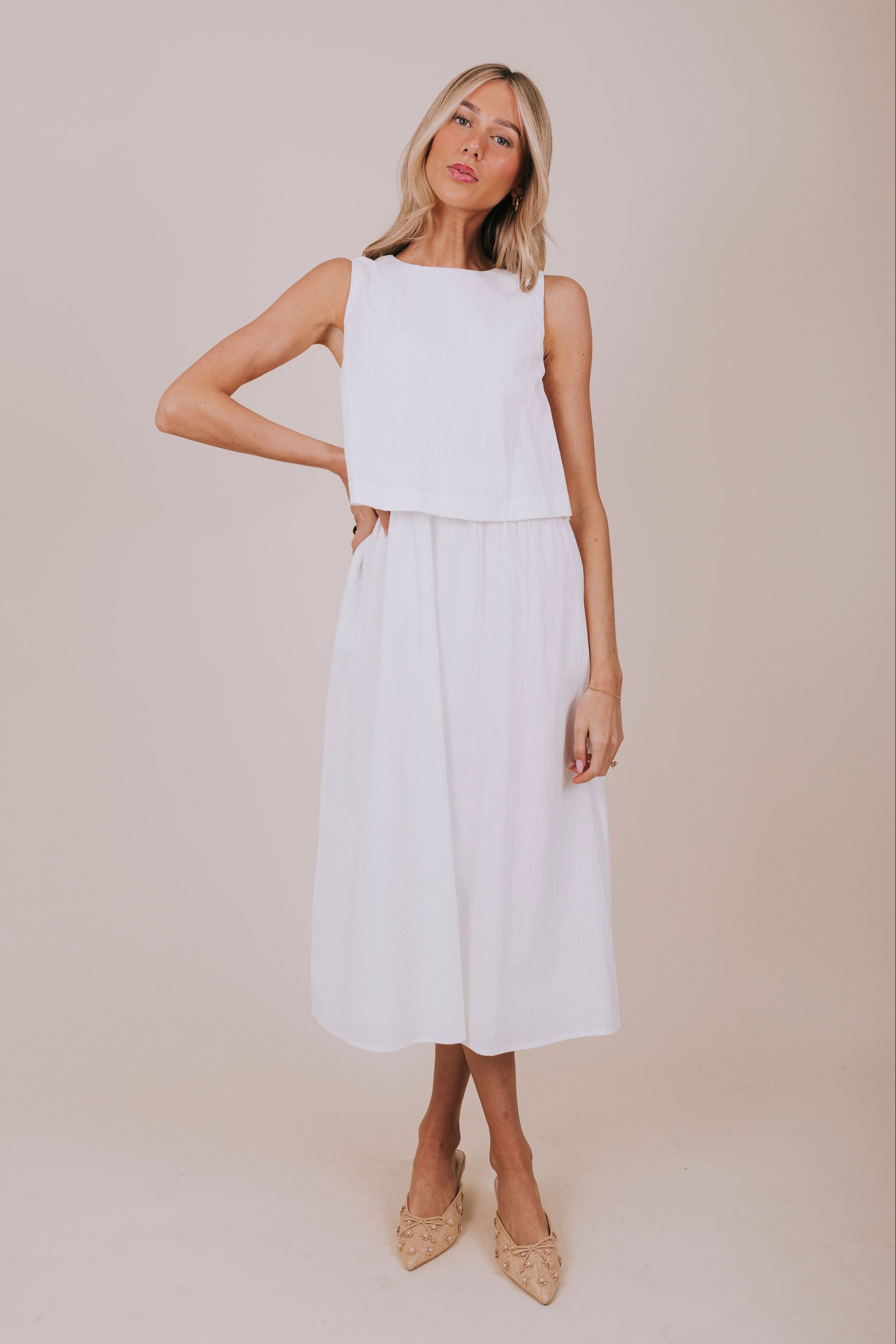 white linen midi dress