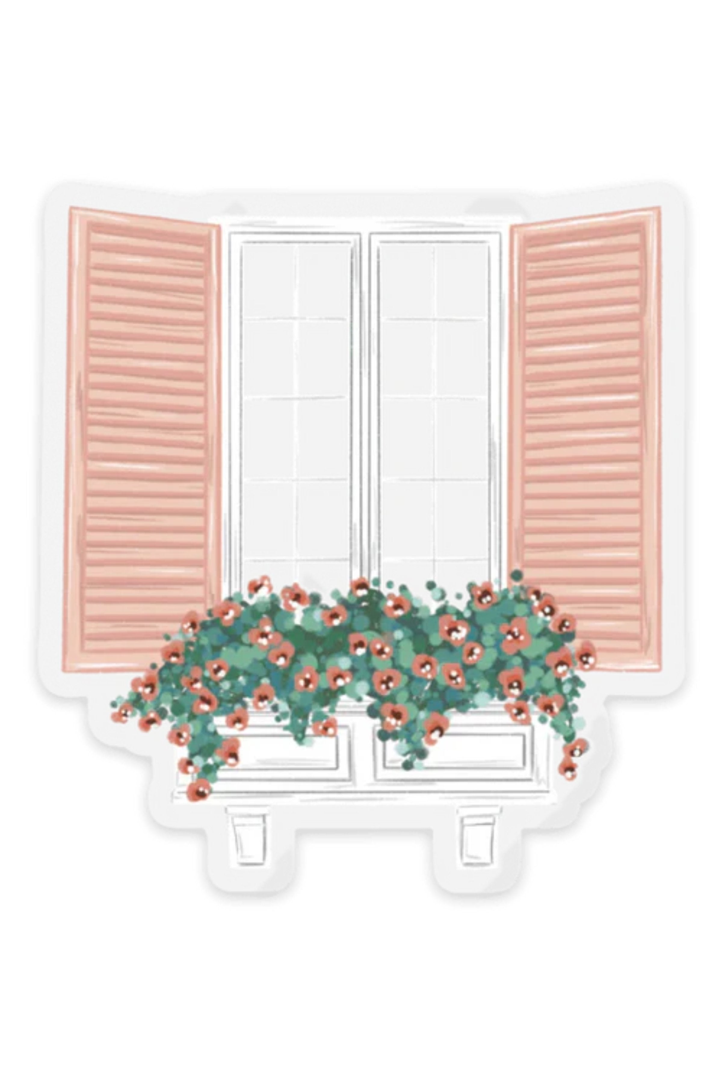 Window with pink shutters and a flower box sticker
