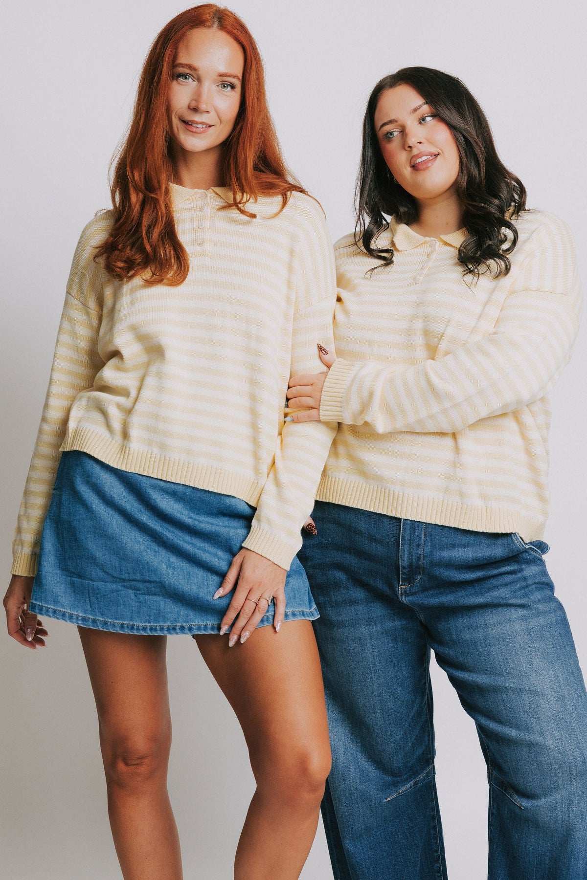 yellow and white striped sweater with collar