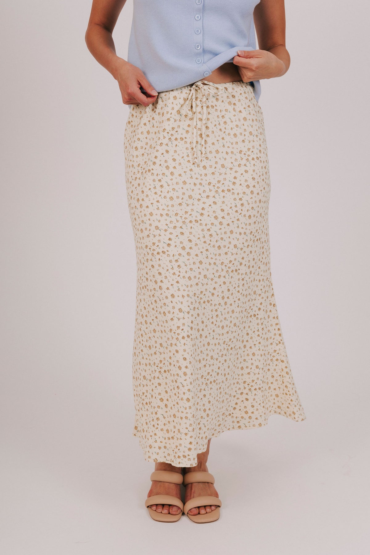 yellow gathered maxi skirt floral print