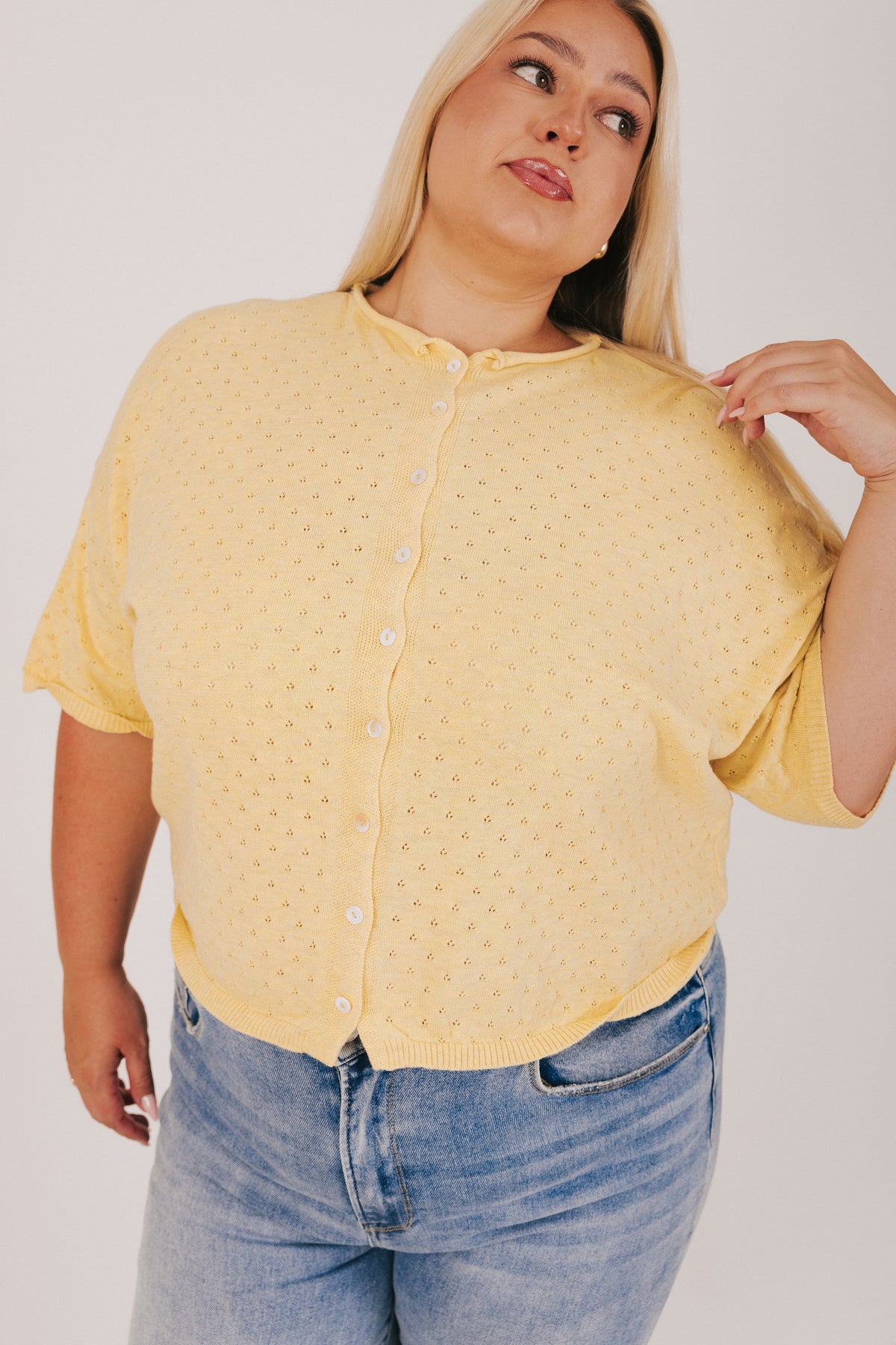 yellow pointelle buttoned top