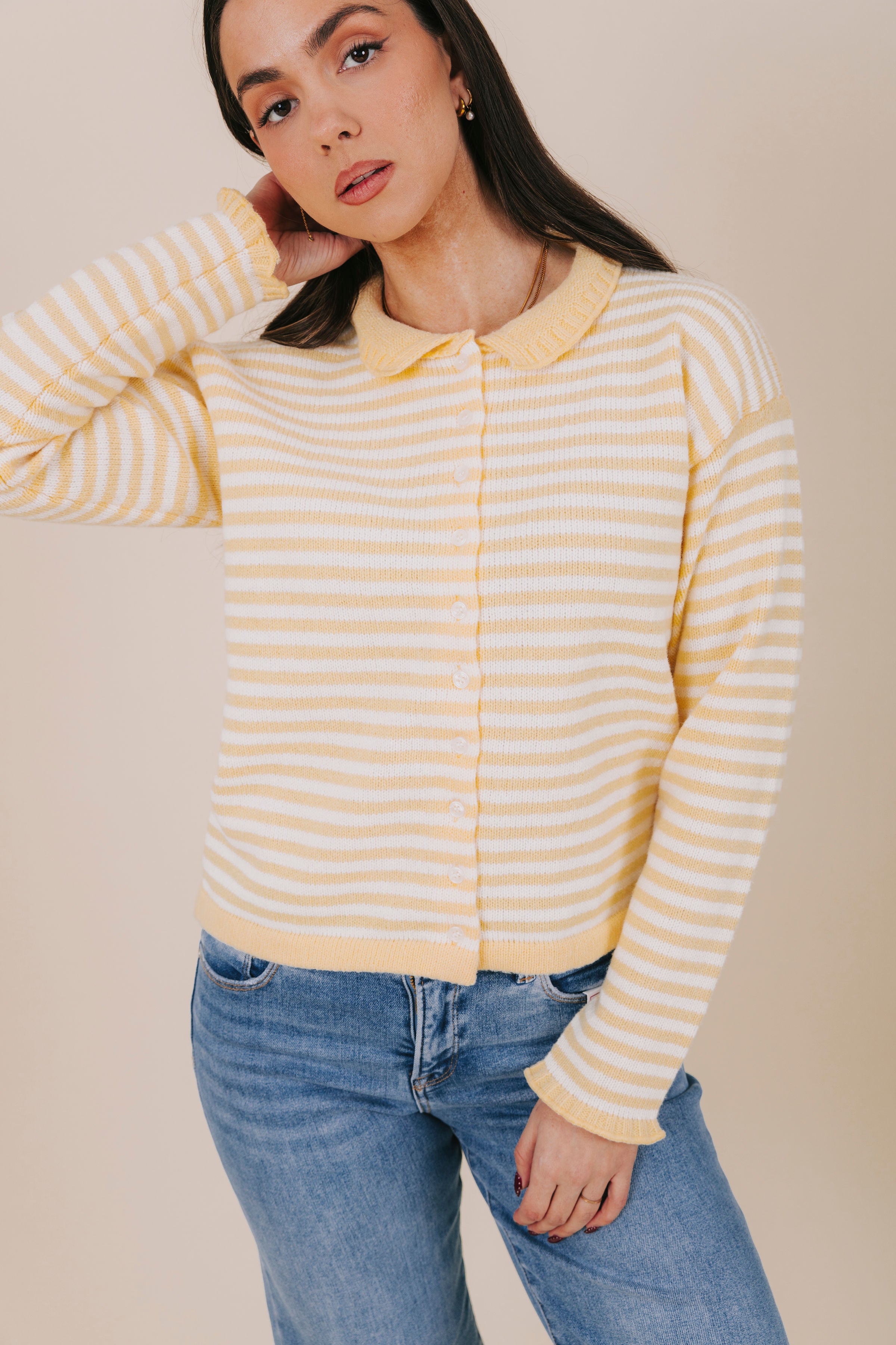 yellow stripe knit cardigan detail