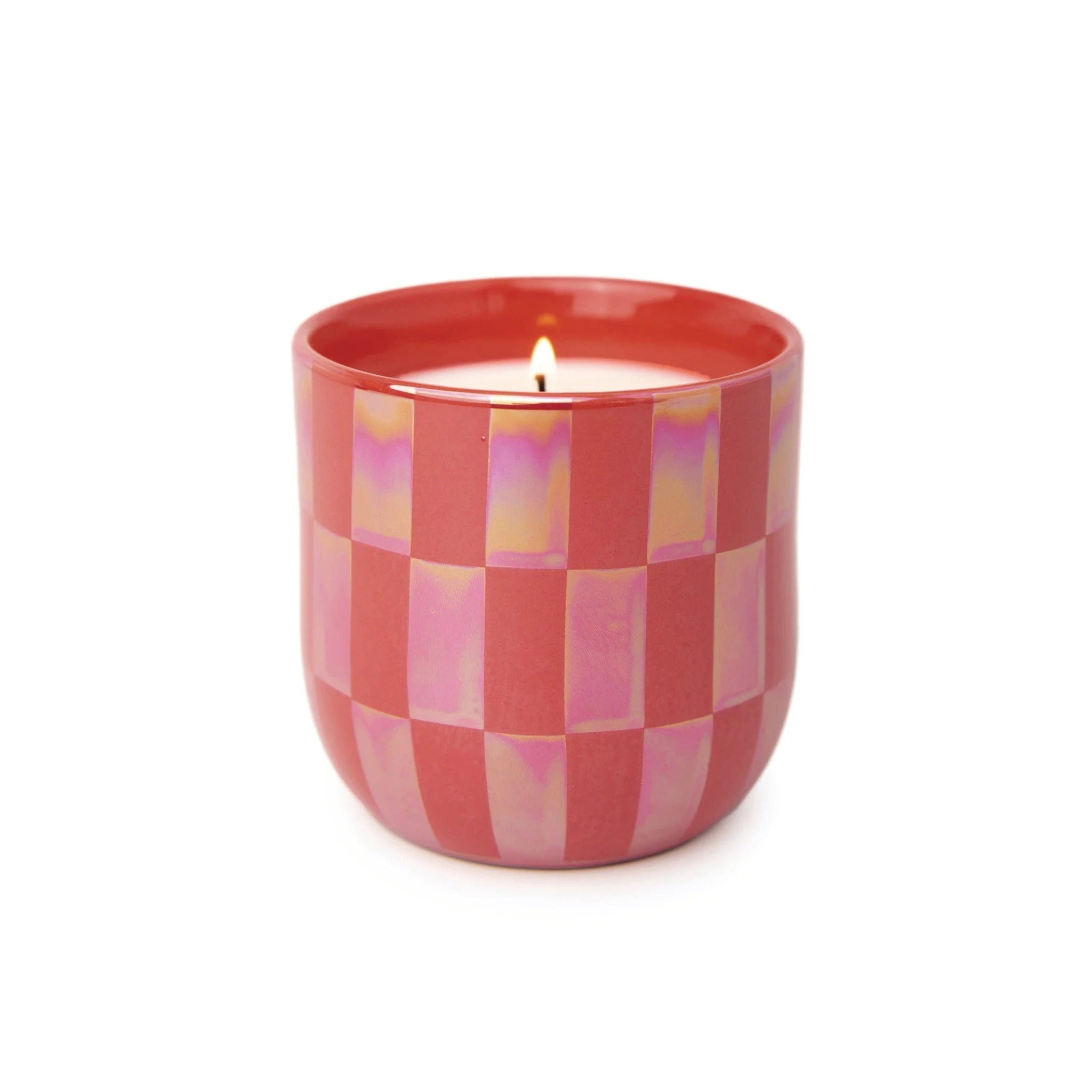 Candle in a red checkered container on a white background