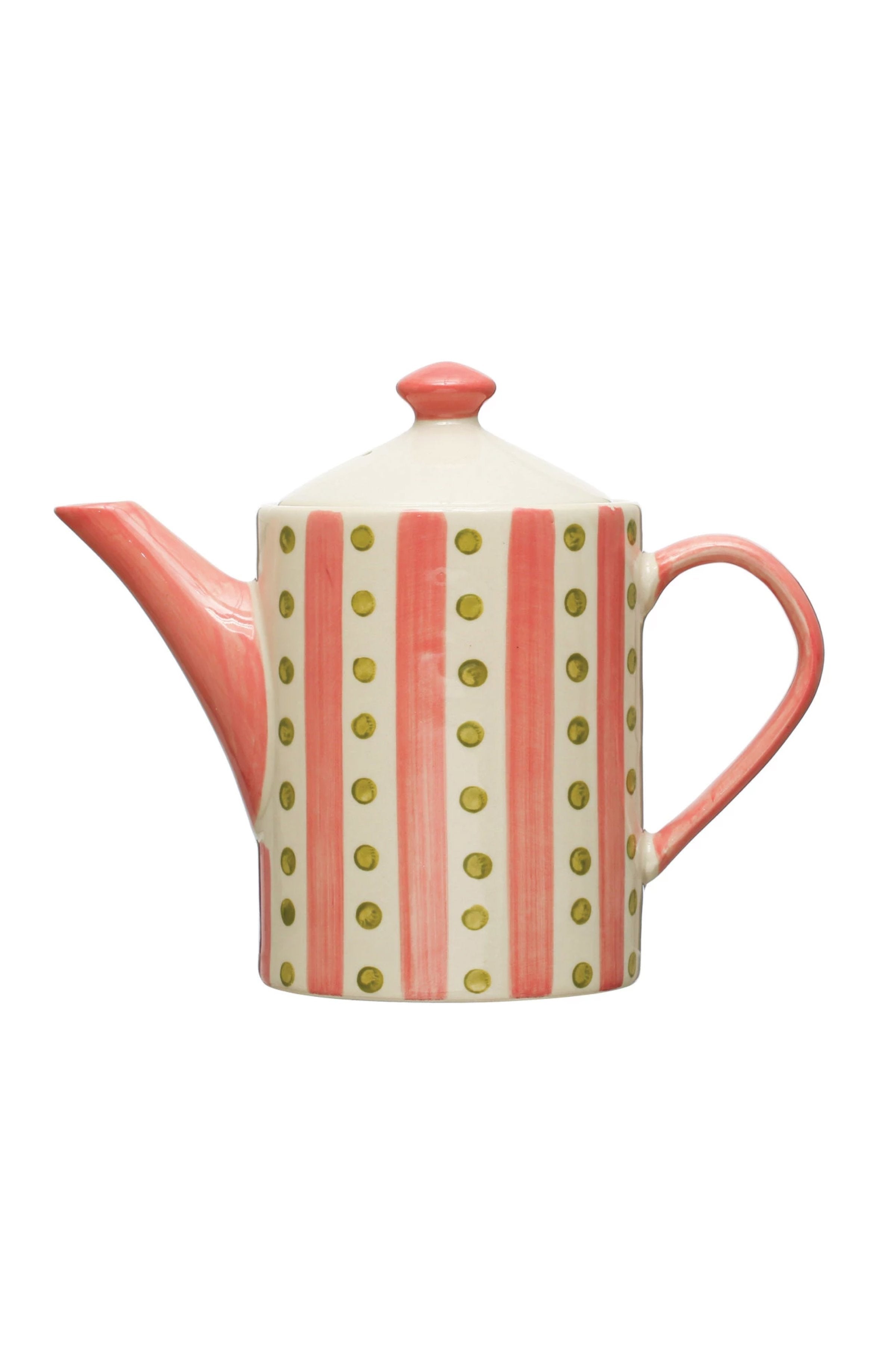 18 oz. Hand-Painted Stoneware Teapot w/ Pattern & Strainer, Pink & Green 