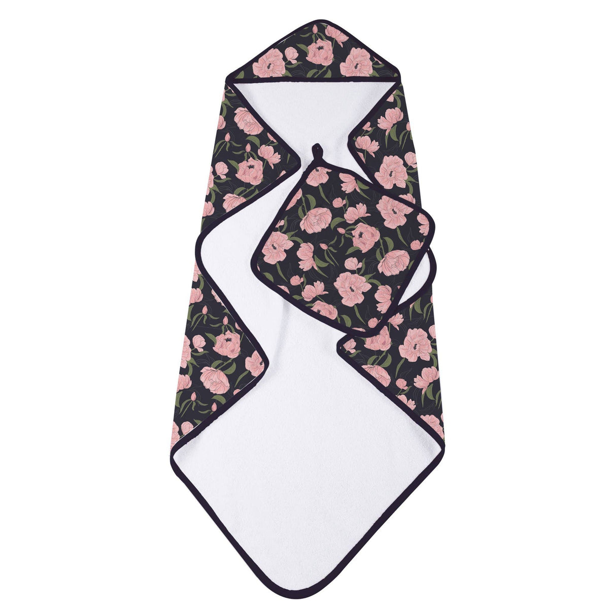 Peonies Hooded Towel and Washcloth Set 