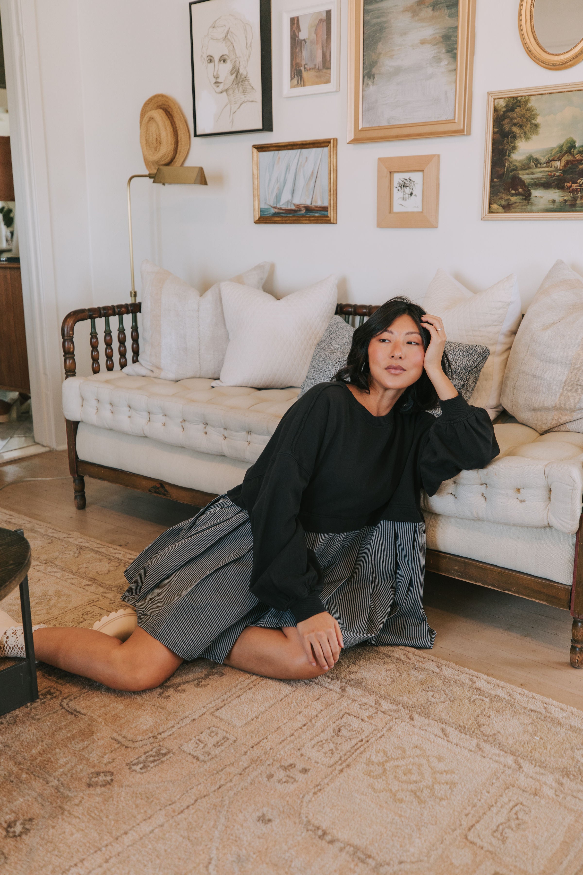 フリーピープル Free People Eleanor Striped Sweatshirt レディース Sweaters Washed Black FREE PEOPLE - Eleanor Striped Sweatshirt