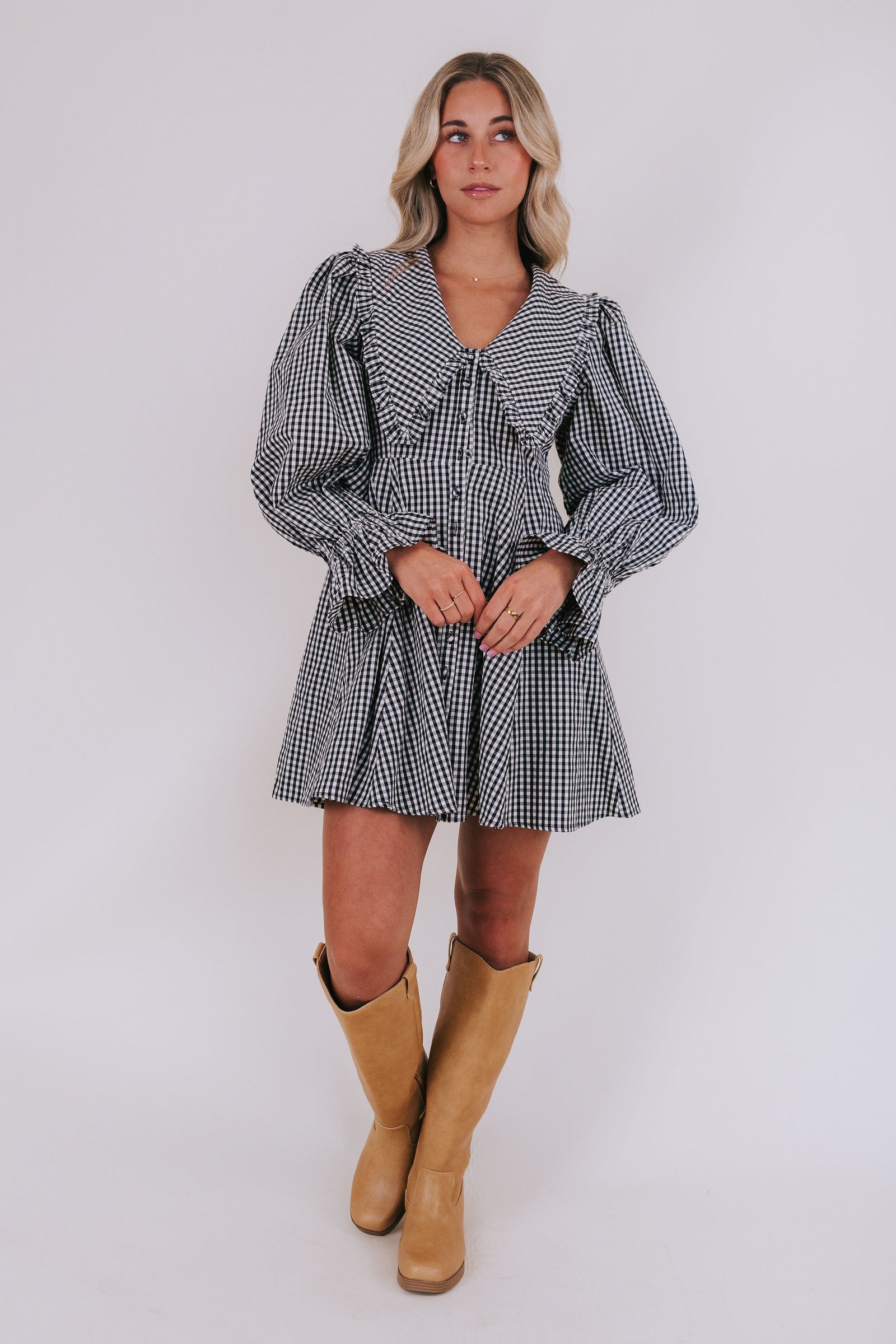 long sleeve black and white gingham dress Petal & Pup Jessen Long Sleeve Minidress in Navy Gingham at Nordstrom, Size Medium