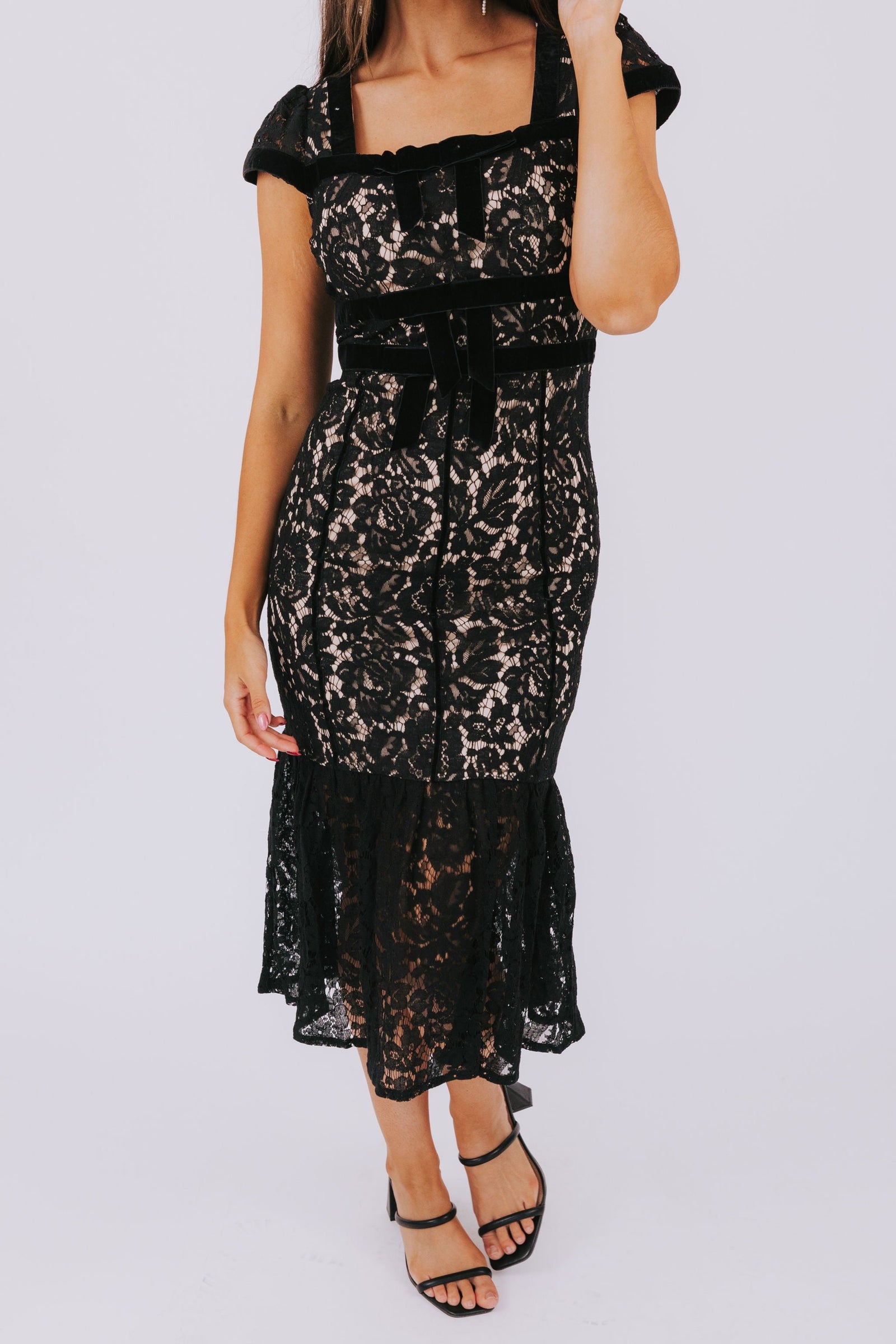 beige dress with black lace Abel and Lula Beige & Black Flocked Girls Tulle Dress main image 0