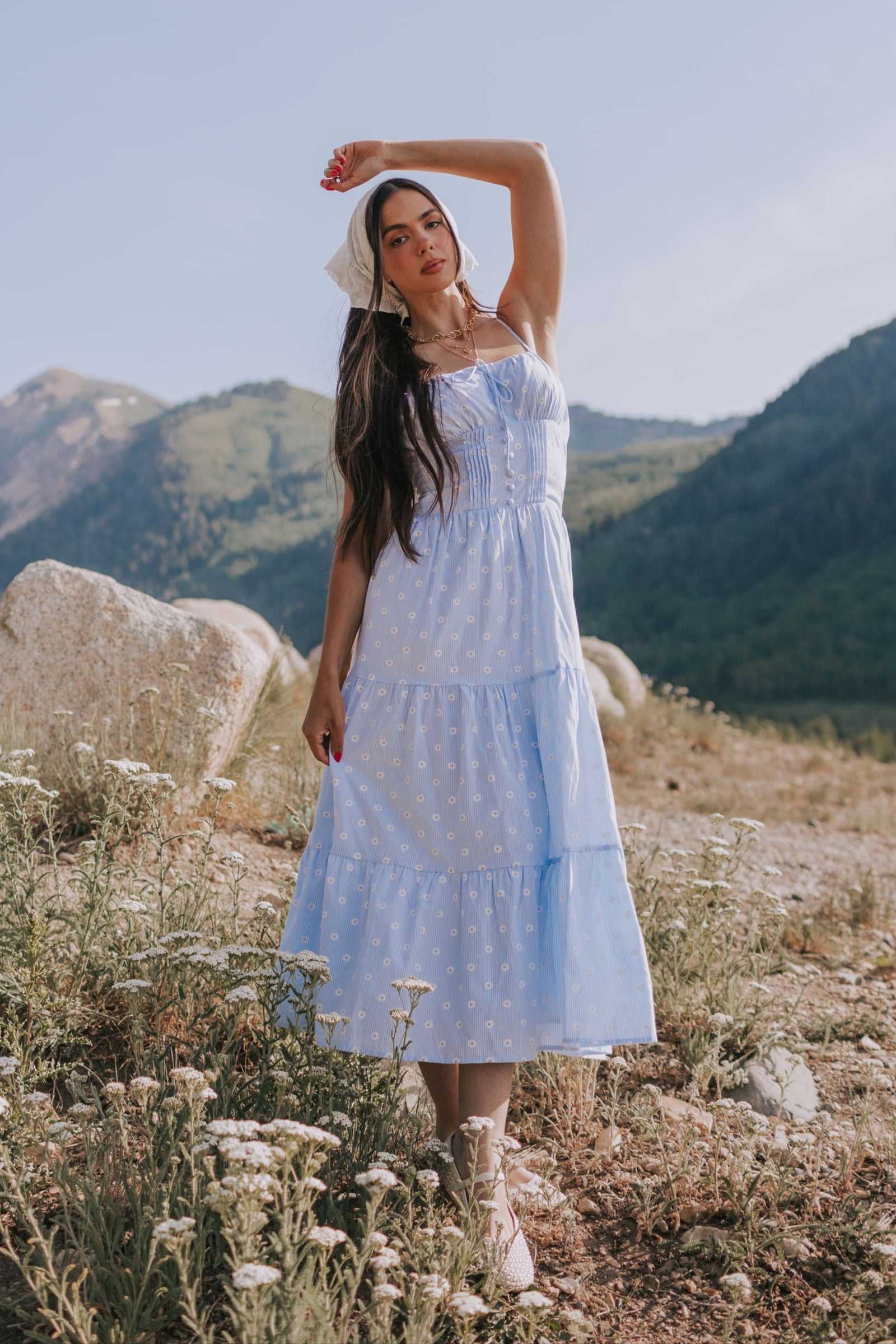 skies are blue embroidered dress Sky Blue Dress with Embroidered Trim