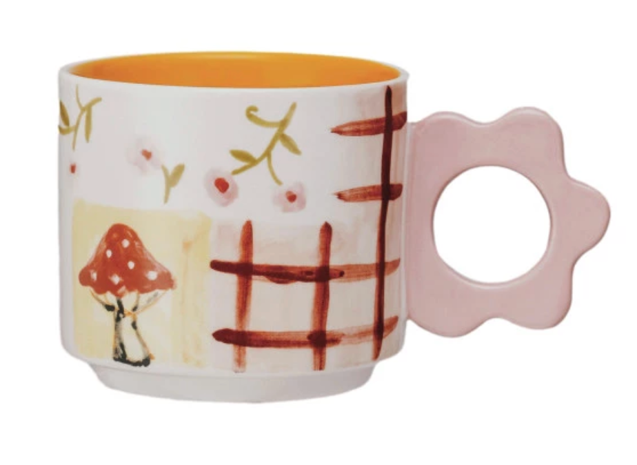 15 oz. Hand-Painted Stoneware Mug w/ Flower Shaped Handle, 4 Styles