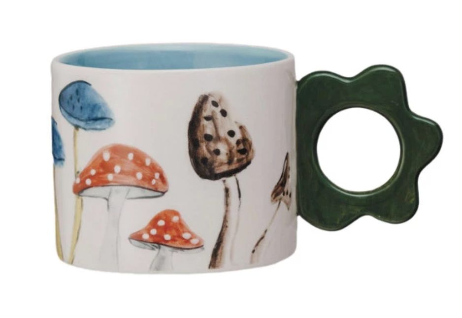 15 oz. Hand-Painted Stoneware Mug w/ Flower Shaped Handle, 4 Styles