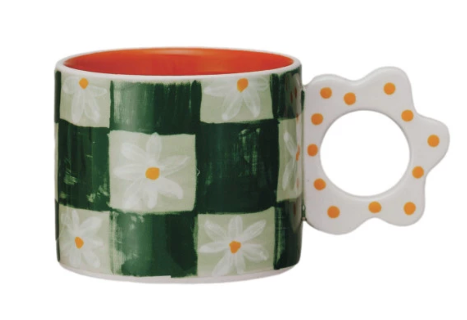 15 oz. Hand-Painted Stoneware Mug w/ Flower Shaped Handle, 4 Styles