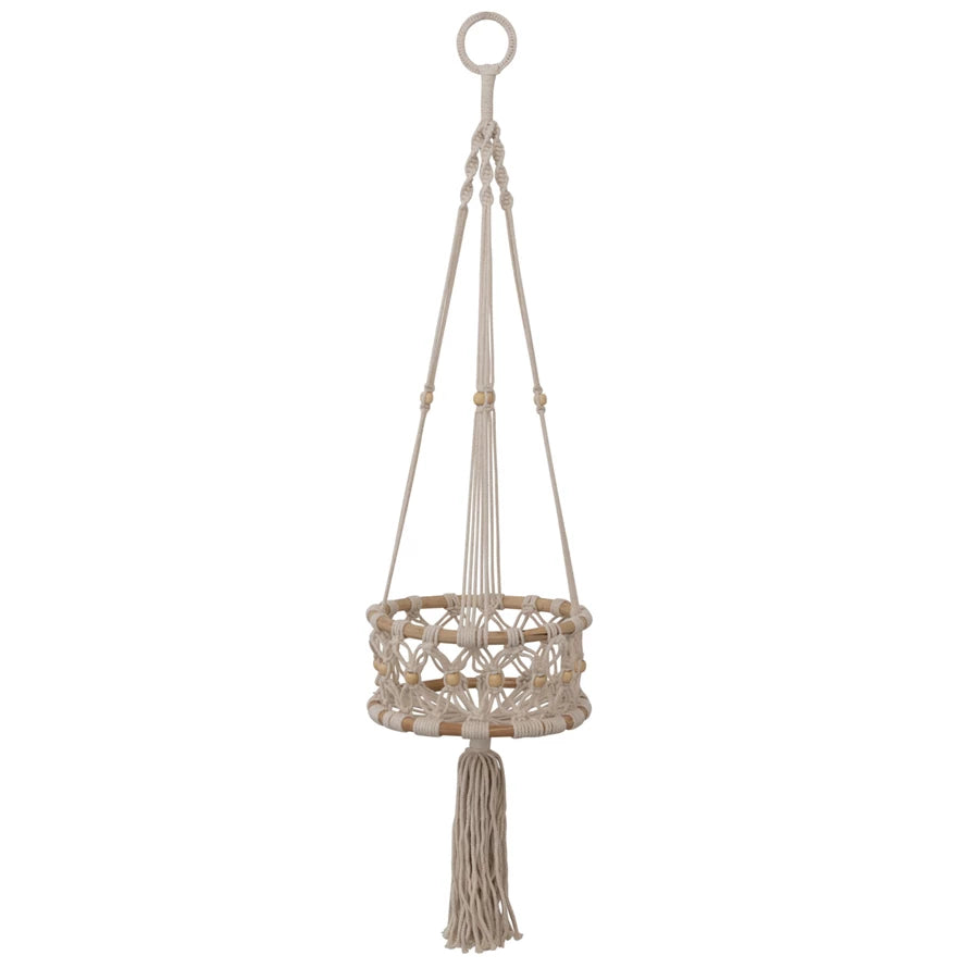 Hand-Woven Cotton Macrame & Rattan Plant Hanger With Wood Beads