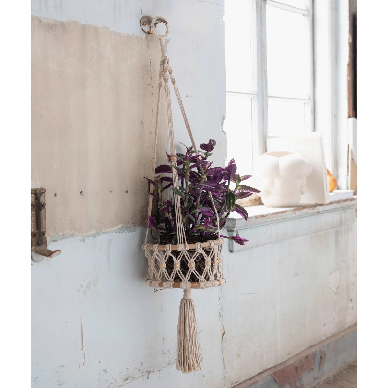 Hand-Woven Cotton Macrame & Rattan Plant Hanger With Wood Beads