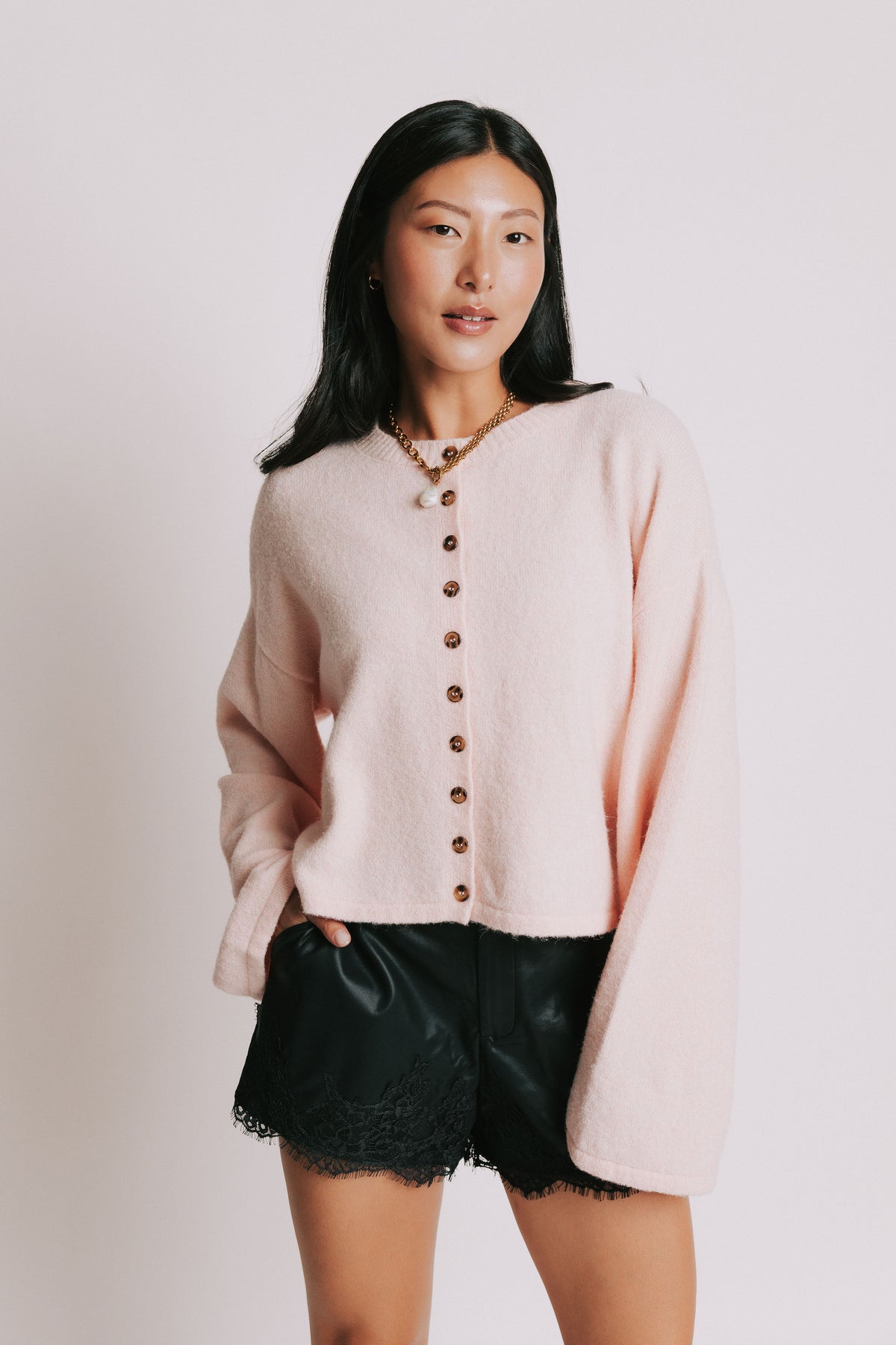 baby pink wide long sleeve cardigan 