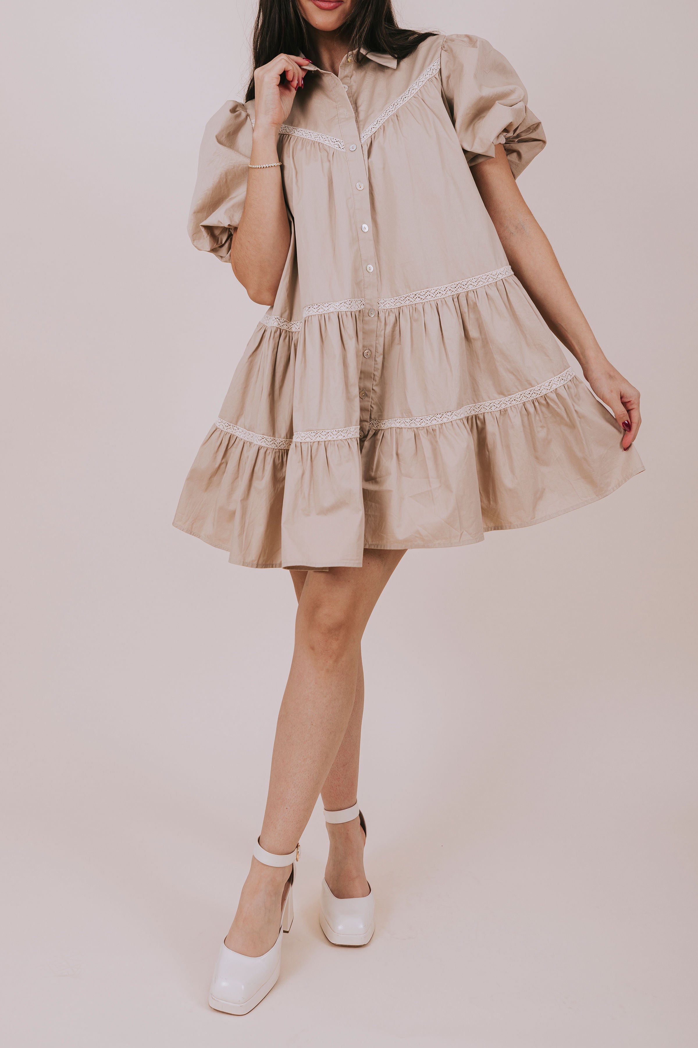 beige dress puff sleeve Western Elegance Puff Sleeve Midi Dress Small